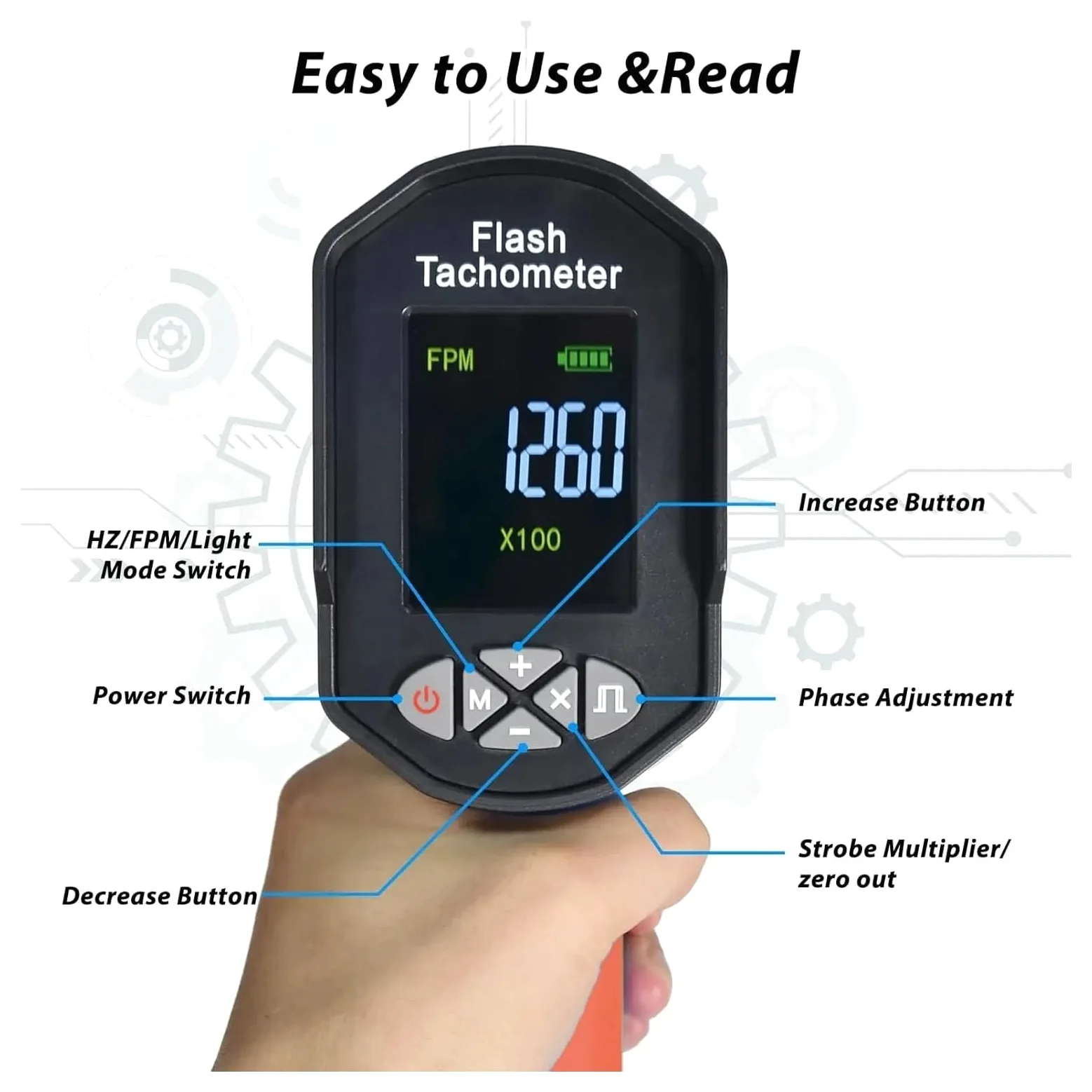 Medidor estroboscópico LED 60000-100000 RPM medidor de velocidad de Flash LED tacómetro sin contacto pantalla Digital for Motor Para motores, tornos.(Blue)