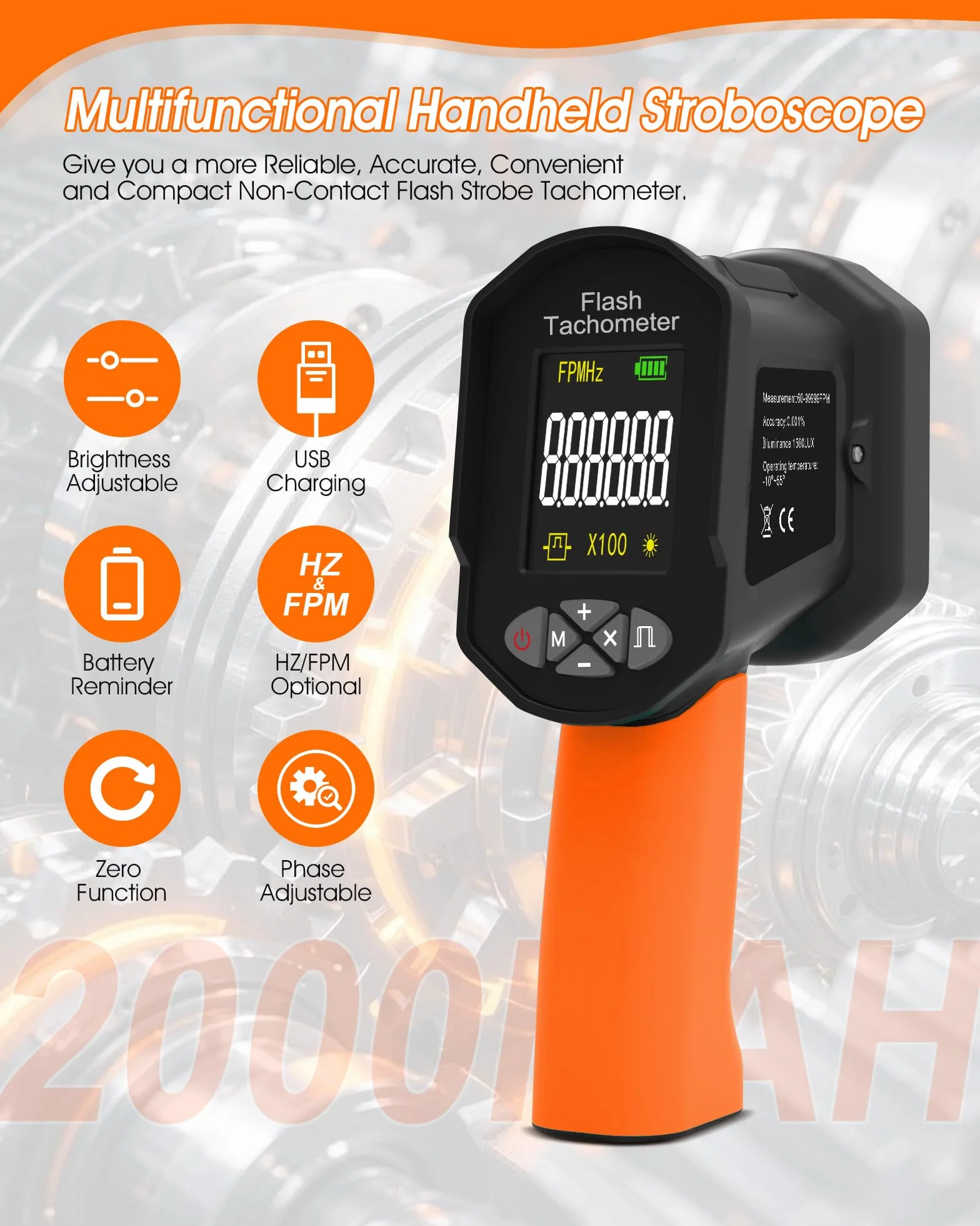 Estroboscopio LED Tacómetro Digital Sin Contacto 60-100.000 RPM Recargable USB Pantalla LCD