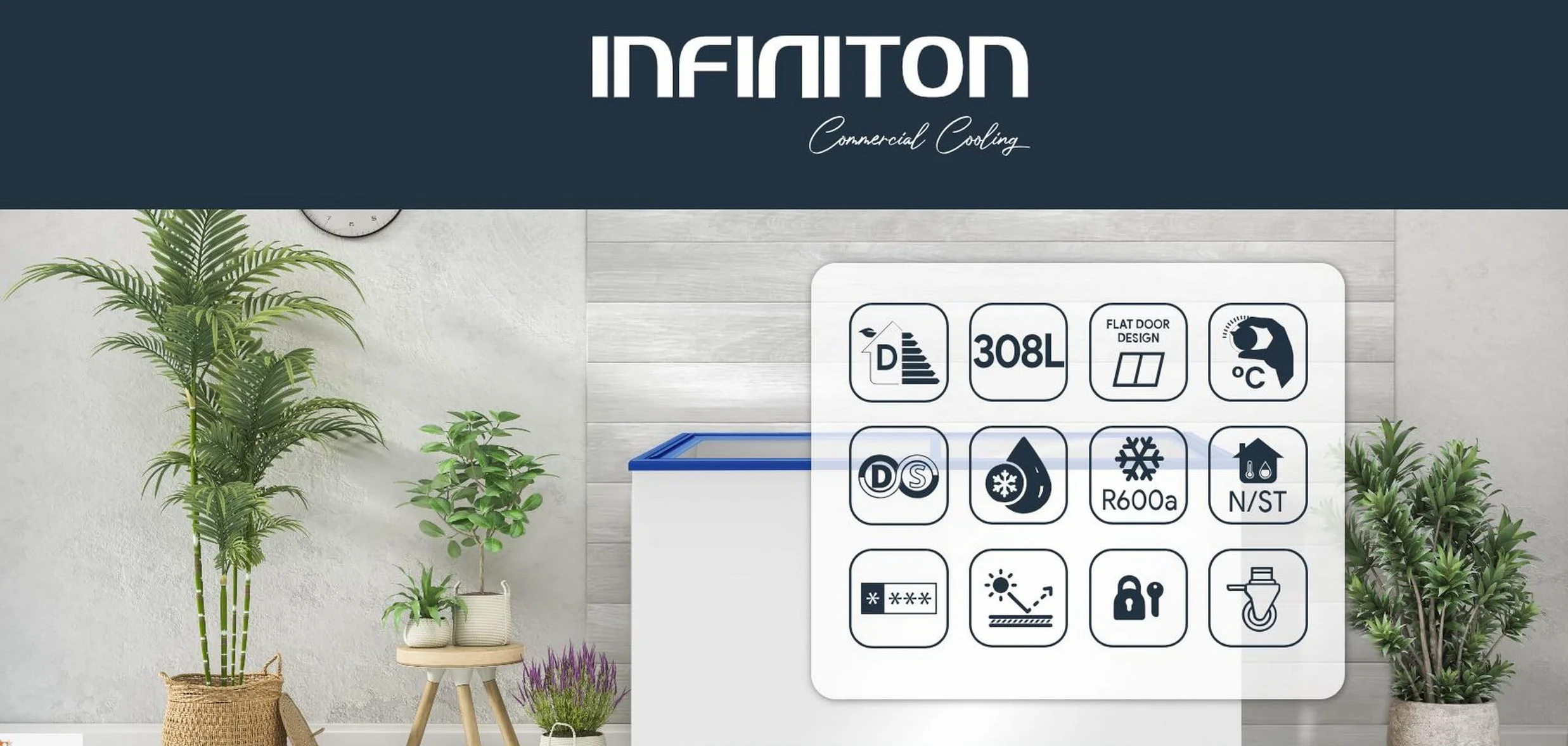 INFINITON Arcon Congelador Industrial FCH-309CC82WEC 309 Litros Puerta Flat Control Mecánico Ruedas Cierre Seguridad Llave