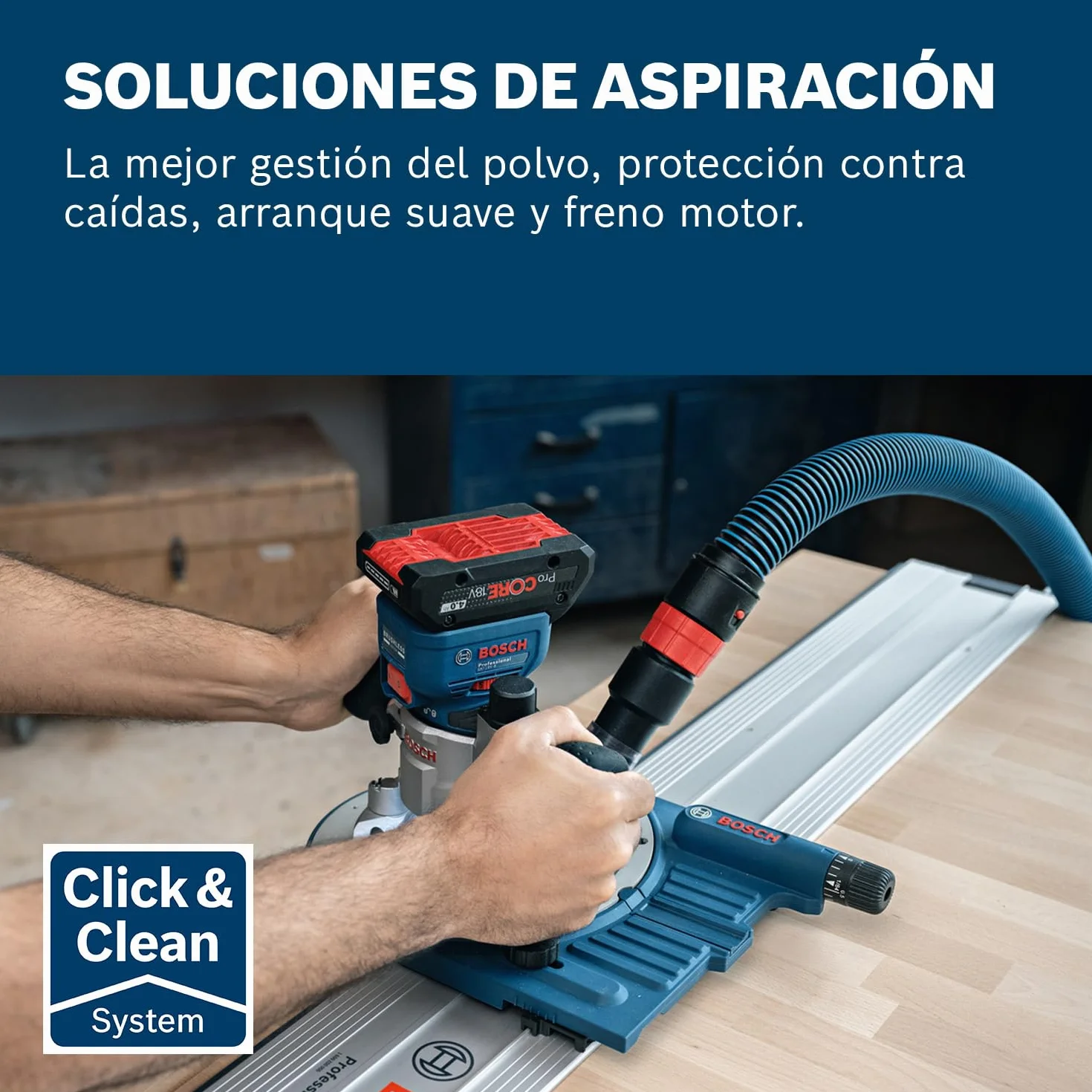 Bosch Professional 18V System fresadora corte batería GFK 18V-8 (incl. guía paralela, 2 adaptadores aspirador fresado, protección virutas, pinza sujeción 8 mm, llave, L-BOXX, sin batería/cargador)