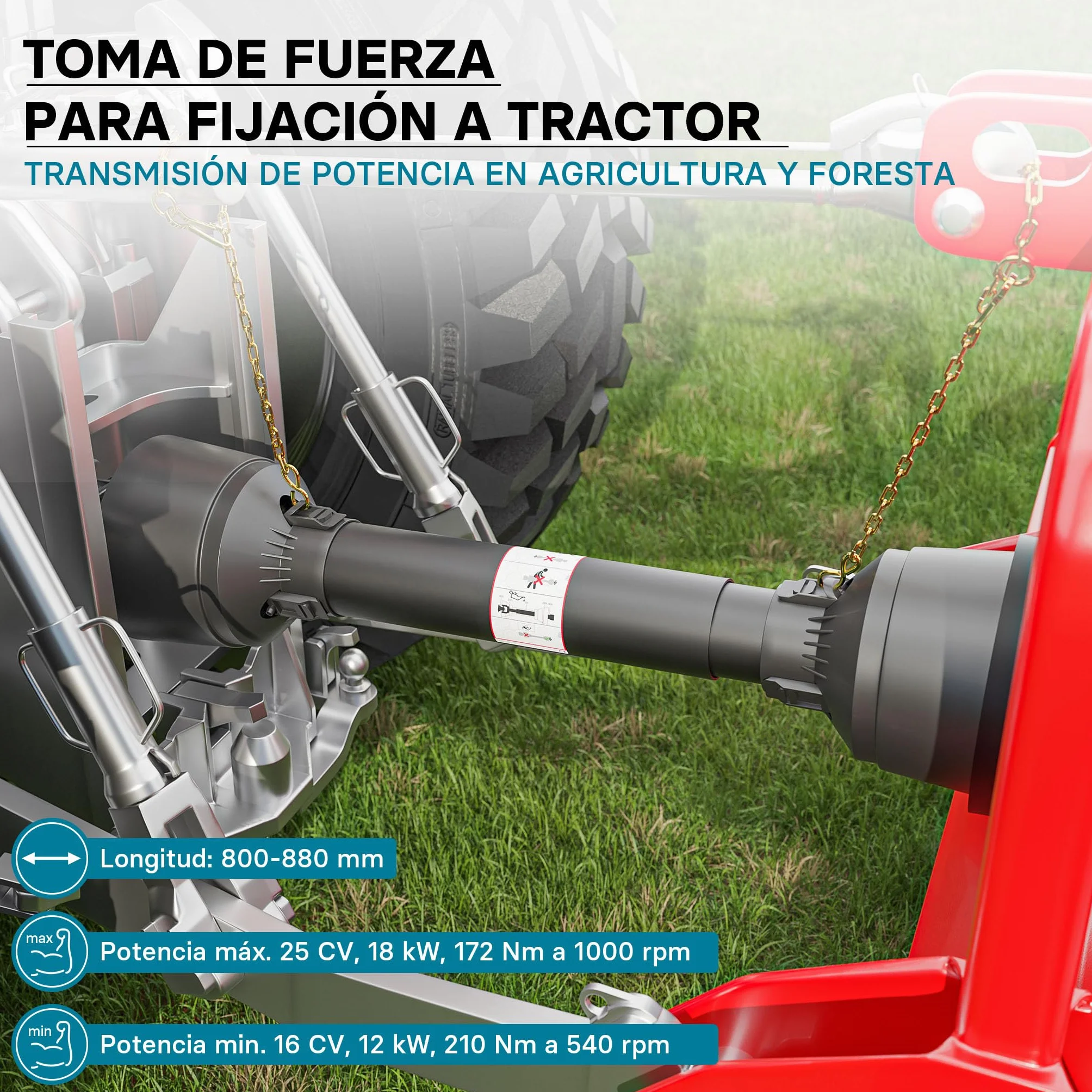 WilTec Toma de Fuerza T1 Eje transmisión cardán 800-880mm 210Nm 540rpm PTO 18kW 25CV 2X 1 3/8" 6 Dientes
