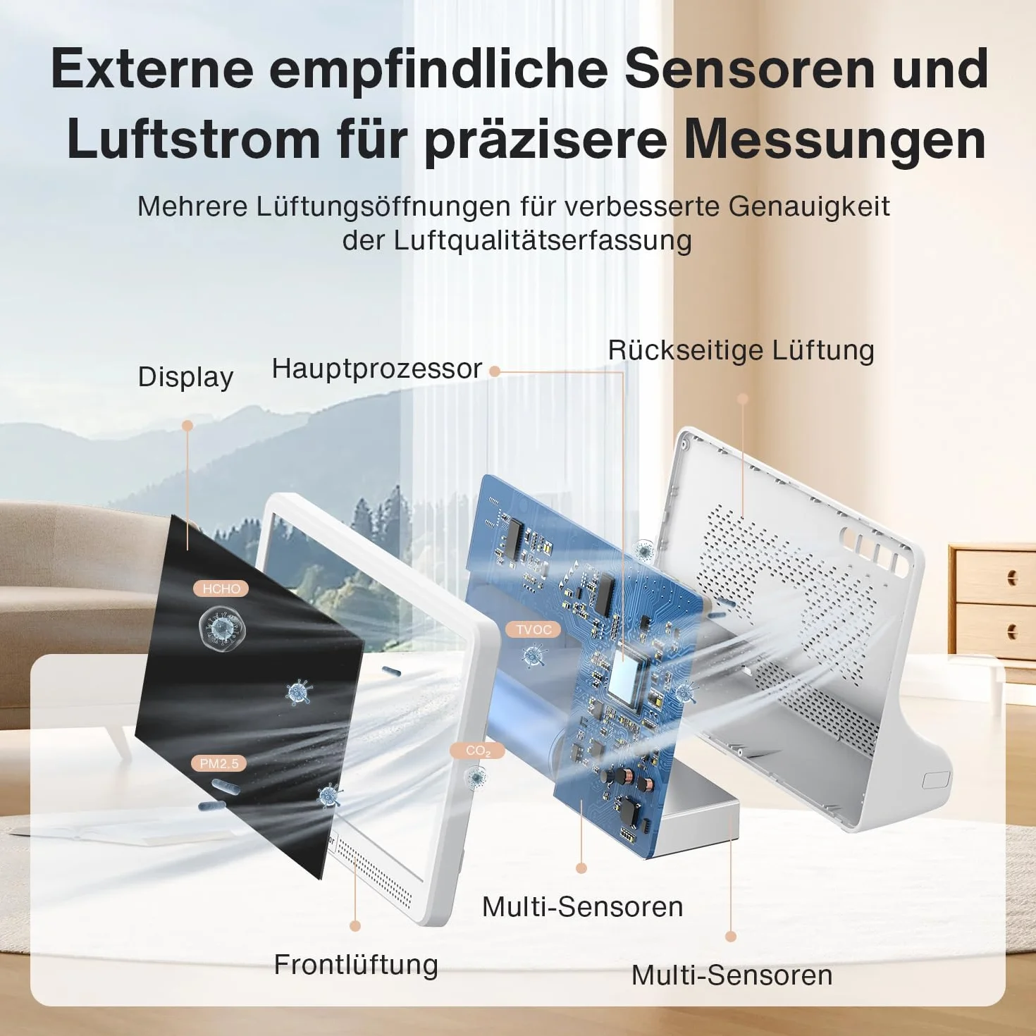 bonoch Monitor de Calidad del Aire 16 en 1 para Interiores con Pantalla de 7" – 9 AQI + 7 Alertas AQI – Medidor de CO2, TVOC, PM2.5, PM1.0, PM10, HCHO, Temperatura, Humedad, AQI y Hora – Para Hogar
