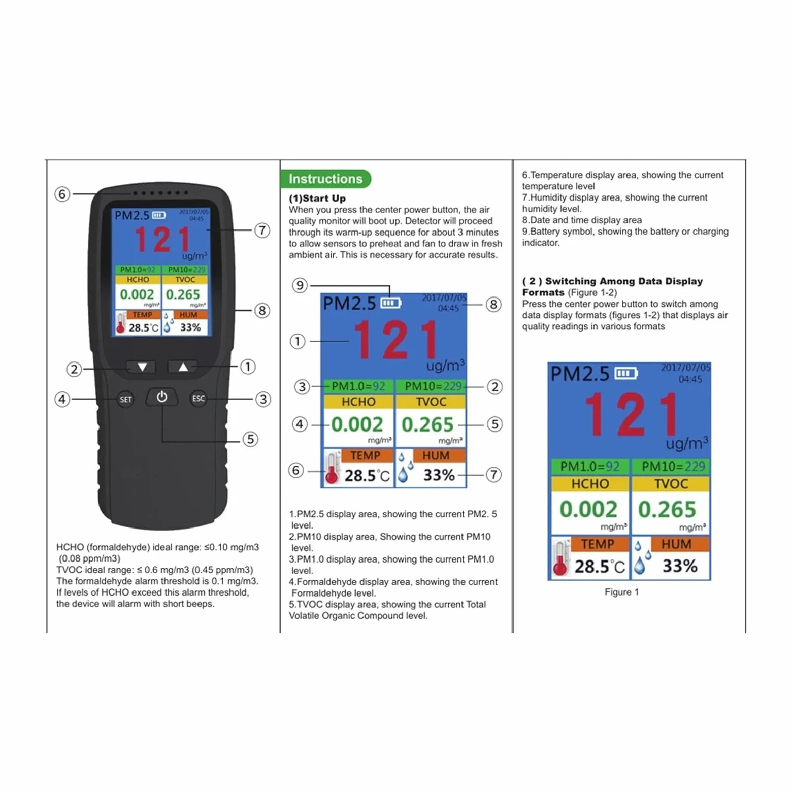Detector portátil de PM2.5 for interiores, termohigrómetro multifuncional, detector de aire digital LCD for el hogar, analizador intelinte de calidad del aire Alta sensibilidad, respuesta rápida