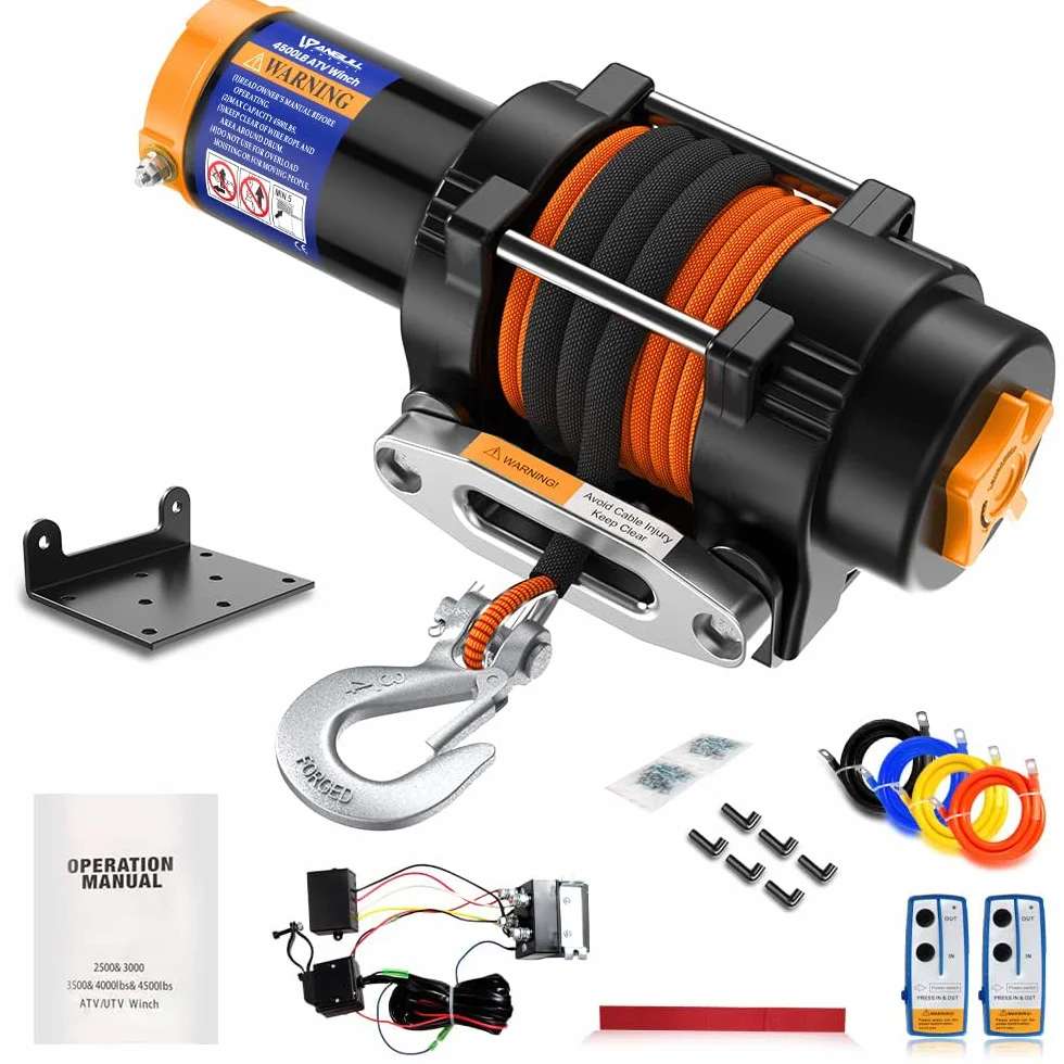 Anbull Cabrestante Eléctrico 12V 4500 LBS/2045 Kg, Cuerda sintética 5.5mm*15m, IP67 Impermeable, Cuerda de Nailon, con Control Remoto Inalámbrico *2 (20m), Compatible para ATV UTV