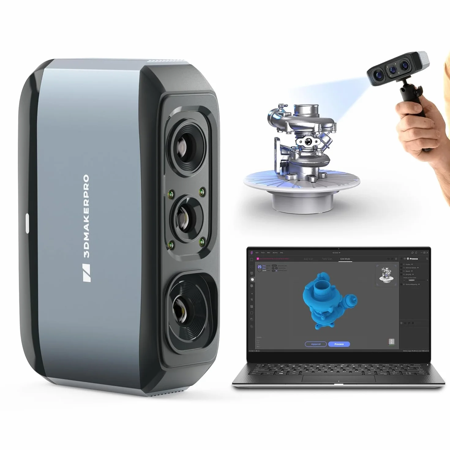 Escáner 3D con precisión de 0,03 mm, resolución de 0,07 mm, lentes antivibración, compatible con Windows/MacOS, escáner 3D portátil para impresión 3D [3DMakerpro Moose Premium Kit]