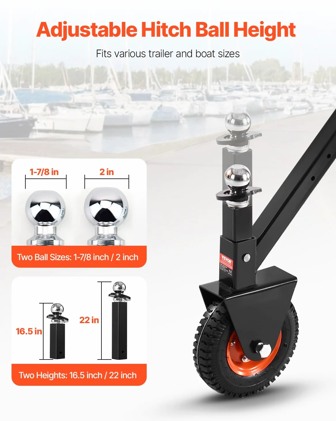 VEVOR Plataforma Rodante para Remolque, Capacidad de Peso de 136 kg, Carrito de Ajustable en Altura de 420 y 560 mm, con Bolas de 47,6 mm y 50,8 mm, Neumático de Goma para Mover un Remolque RV