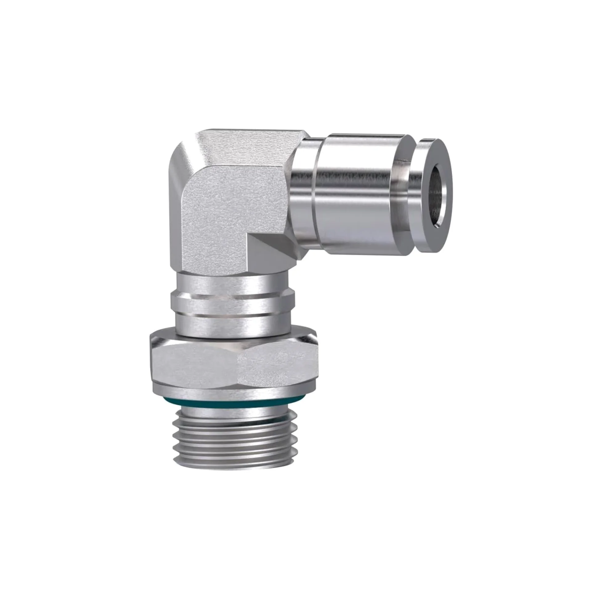 Racor en L, giratorio, G 3/8 A, para manguera de diámetro exterior de 8 mm, presión de trabajo máx. 20 bares, acero inoxidable 1.4404.