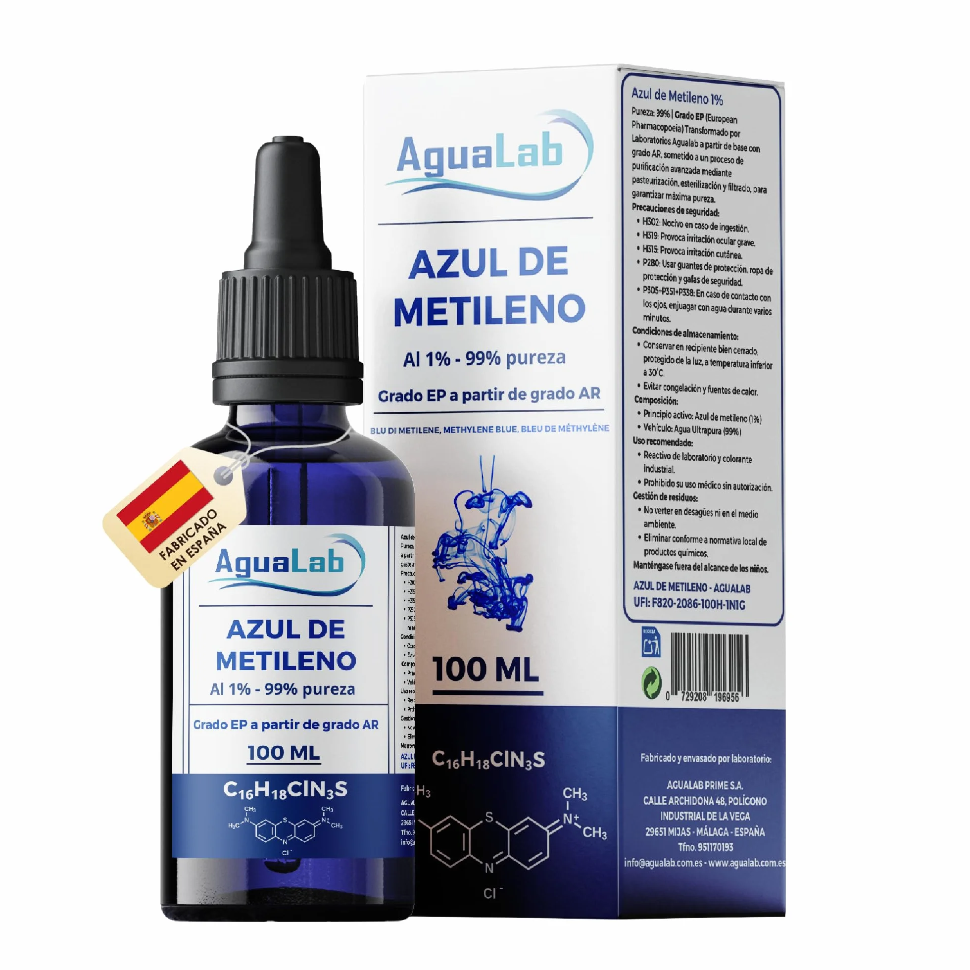 Solución de Azul de Metileno 1% EP-USP 99% 100 ml Grado Farmacéutico Vidrio Azul Protector UV con Gotero