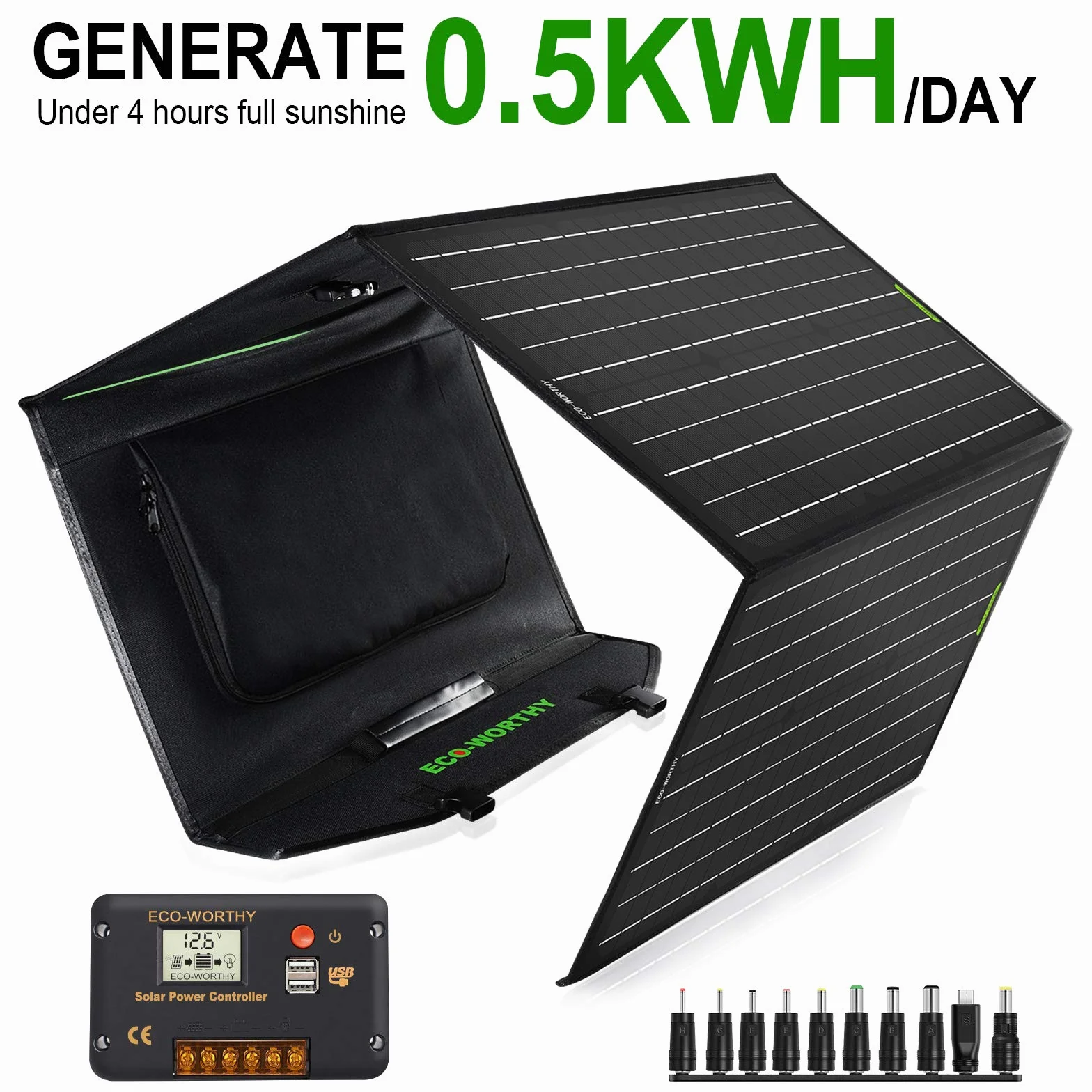 ECO-WORTHY Panel Solar Plegable 120W para Generador Portátil y Batería de RV, Salida CC para Generador Solar, Controlador 20A para Batería SLA/AGM/Litio RV Camping