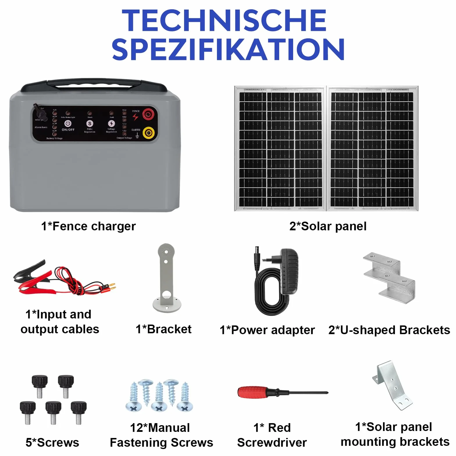 48 KM Pastor Electrico Solar, 0,3 J-1,5 J, 6 KV-12 KV Cerca Eléctrica Controlador con Panel Solar de 15 W, con Batería de Plomo-ácido Integrada de 12 V y 7 Ah, Apto para Ganado Ganado, Vacas(Gris)