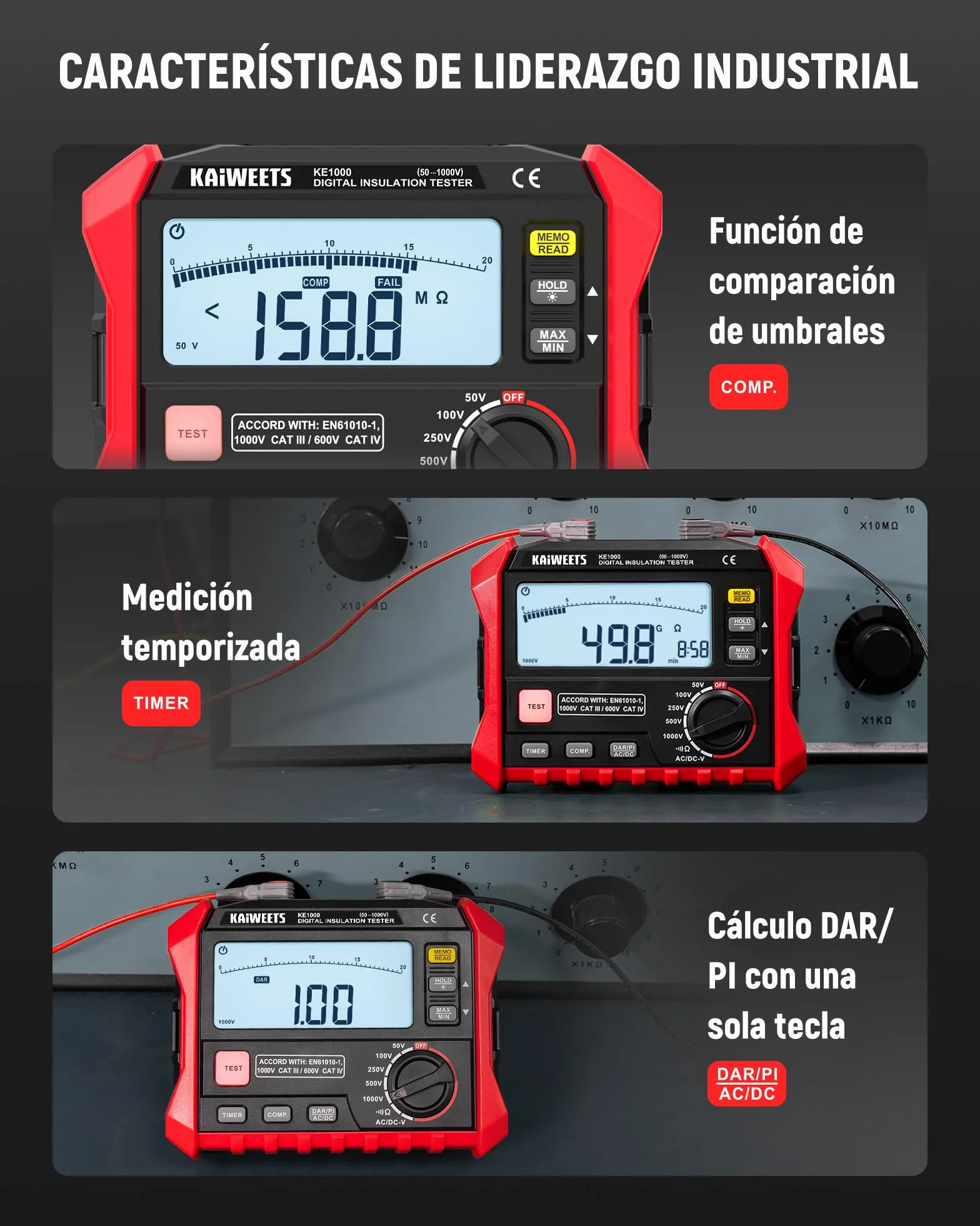 KAIWEETS Medidor de aislamiento de resistencia de aislamiento de hasta 100 GΩ, 50 V/100 V/250 V/500 V/1000 V, DAR/PI, con prueba de voltaje CA/CC para motores, solar, HVAC