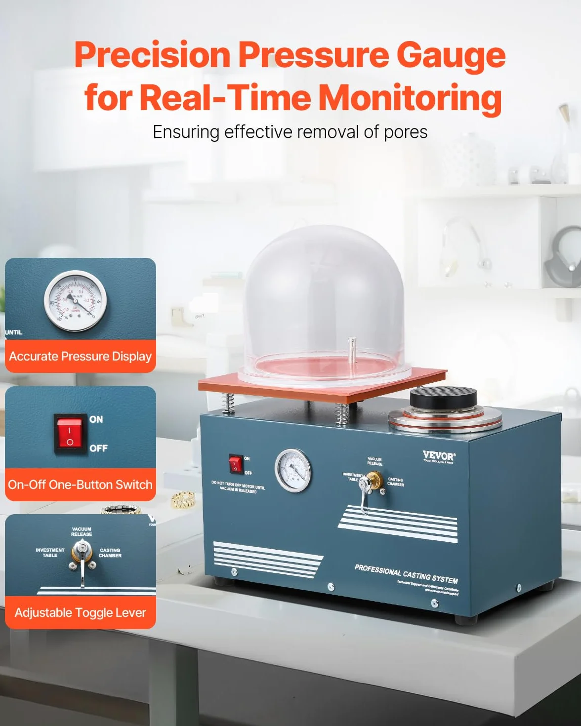 VEVOR 290 W Máquina de Fundición al Vacío con Bomba de 3 CFM y Campana de Cristal, Práctico Puerto de Inyección de Aceite, Manómetro de Precisión, Banco de Trabajo para Fundir Joyas y Chatarra