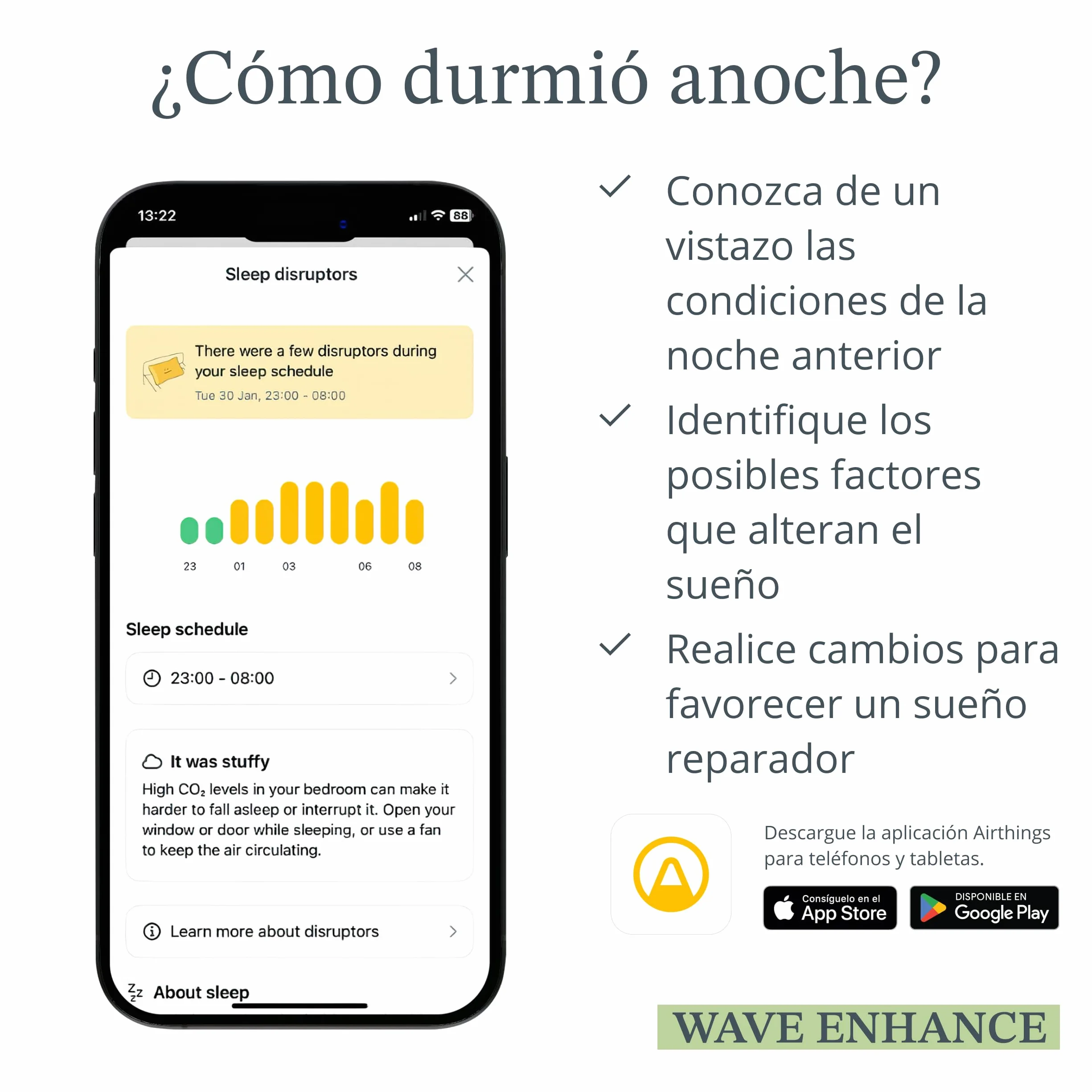 Airthings 321 Wave Enhance - Monitor de calidad del aire para CO2, COV, humedad, temperatura, presión, ruido y luz - Ideal para dormir mejor en dormitorios y mejorar la concentración en oficinas.