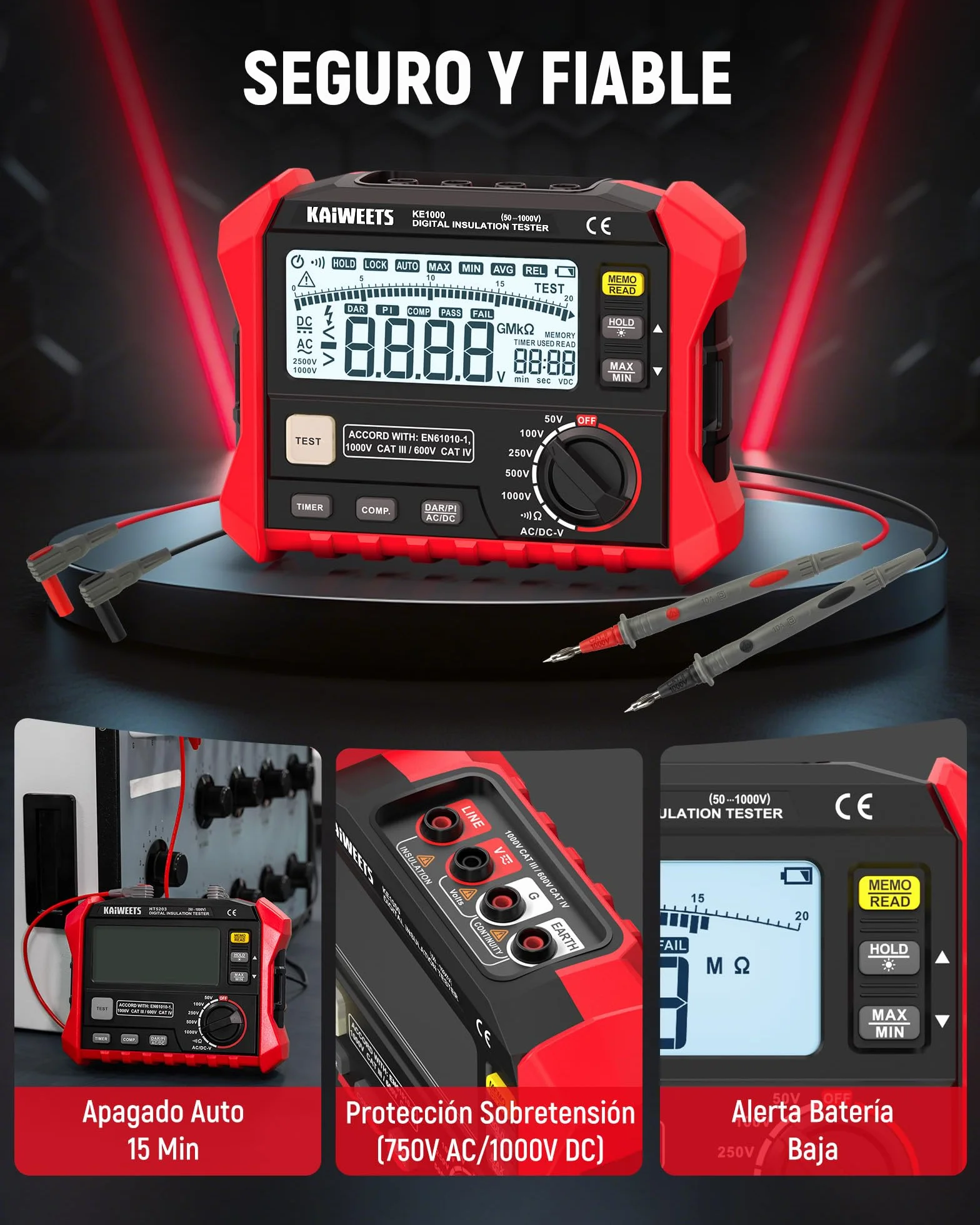 KAIWEETS Medidor de aislamiento de resistencia de aislamiento de hasta 100 GΩ, 50 V/100 V/250 V/500 V/1000 V, DAR/PI, con prueba de voltaje CA/CC para motores, solar, HVAC
