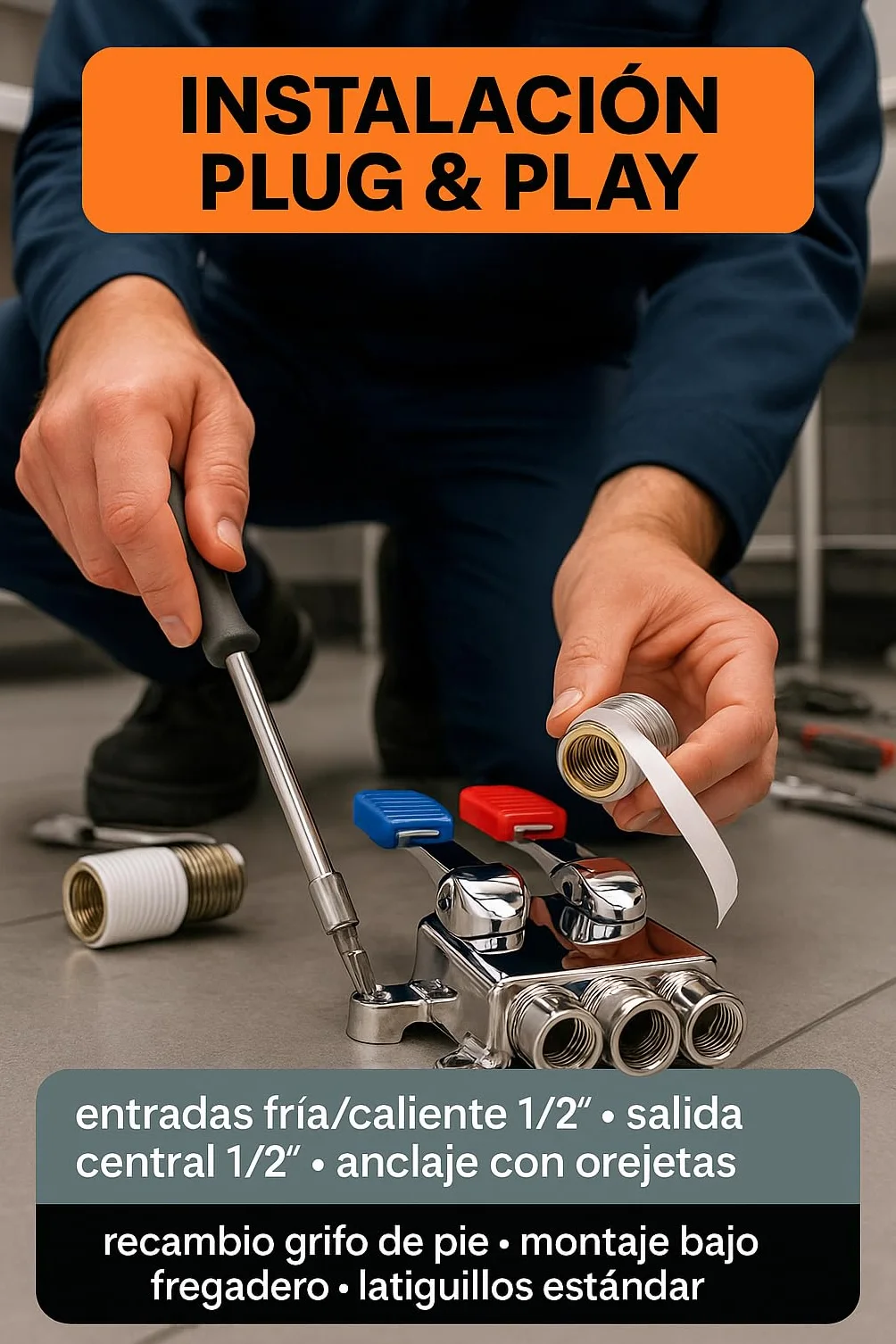 RO Linea Blanca ® Grifo Pedal Doble Mezclador Para Fregadero Agua Fria Y Caliente Acero Inoxidable Entradas Y Salida 1 2 Hembra Montaje En Suelo Bajo Fregadero Ahorro Agua Manos Libres Hosteleria