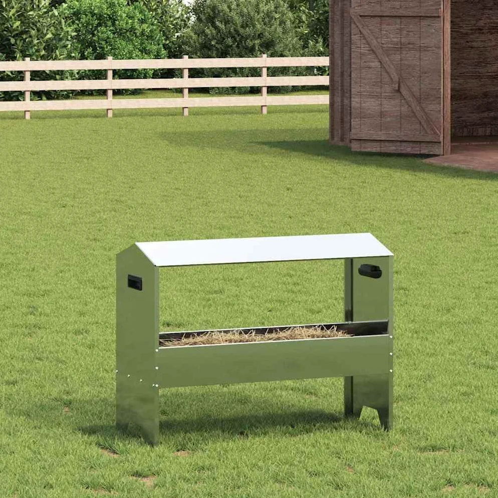 Comedero para animales de granja de acero galvanizado plateado, 79 x 35 x 62 cm, capacidad de 15 kg, resistente a la intemperie, para interior y exterior, comedero estable para establo y