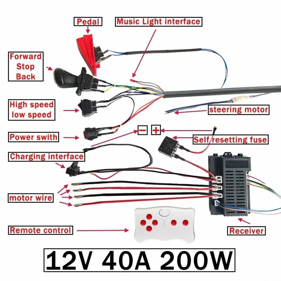 Arnés de cableado vehículo eléctrico niños 12V 40A 200W 2 kits control remoto 4G