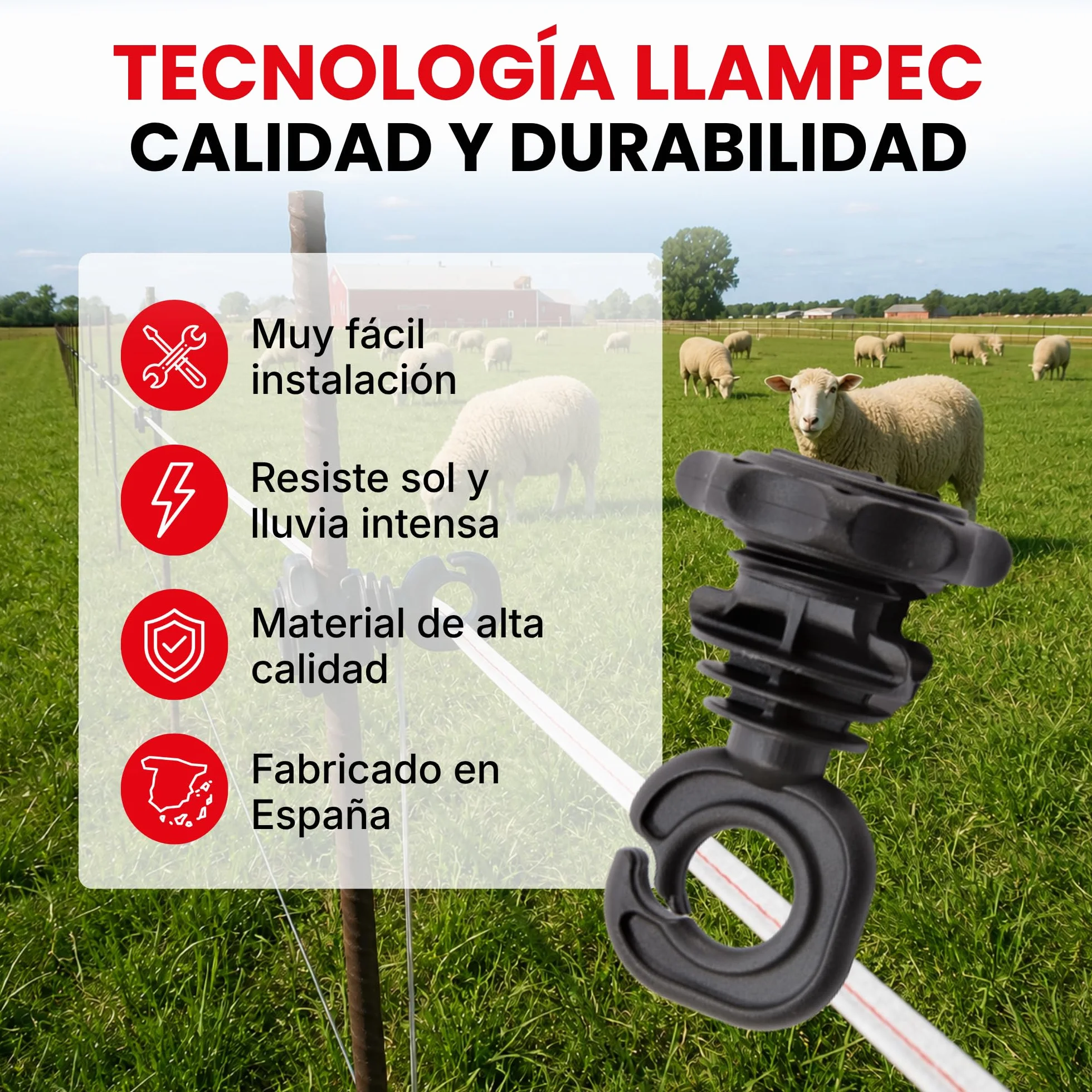 Llampec Aislador Ais00006E - Pack 200 Aisladores N-6E para Pastor Eléctrico, Compatibles con Varilla, Hilo y Cable, Aislamiento de Alta Resistencia para Cercados Eléctricos y Vallados de Ganado