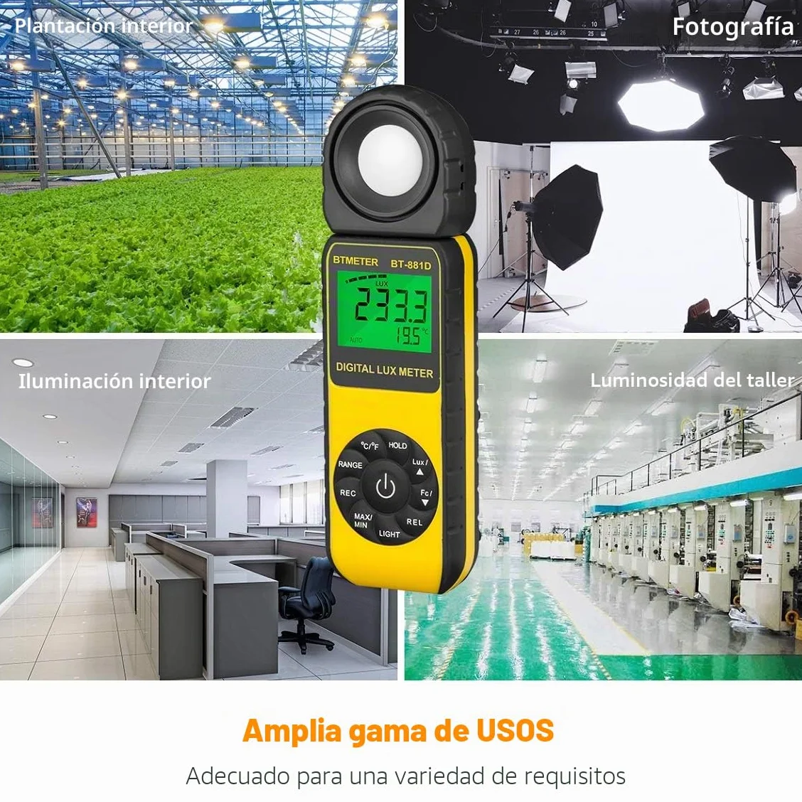 BTMETER BT-881D Medidor de Luz Digital 0,01~400.000 Lux Sensor Giratorio 270º para Plantas LED