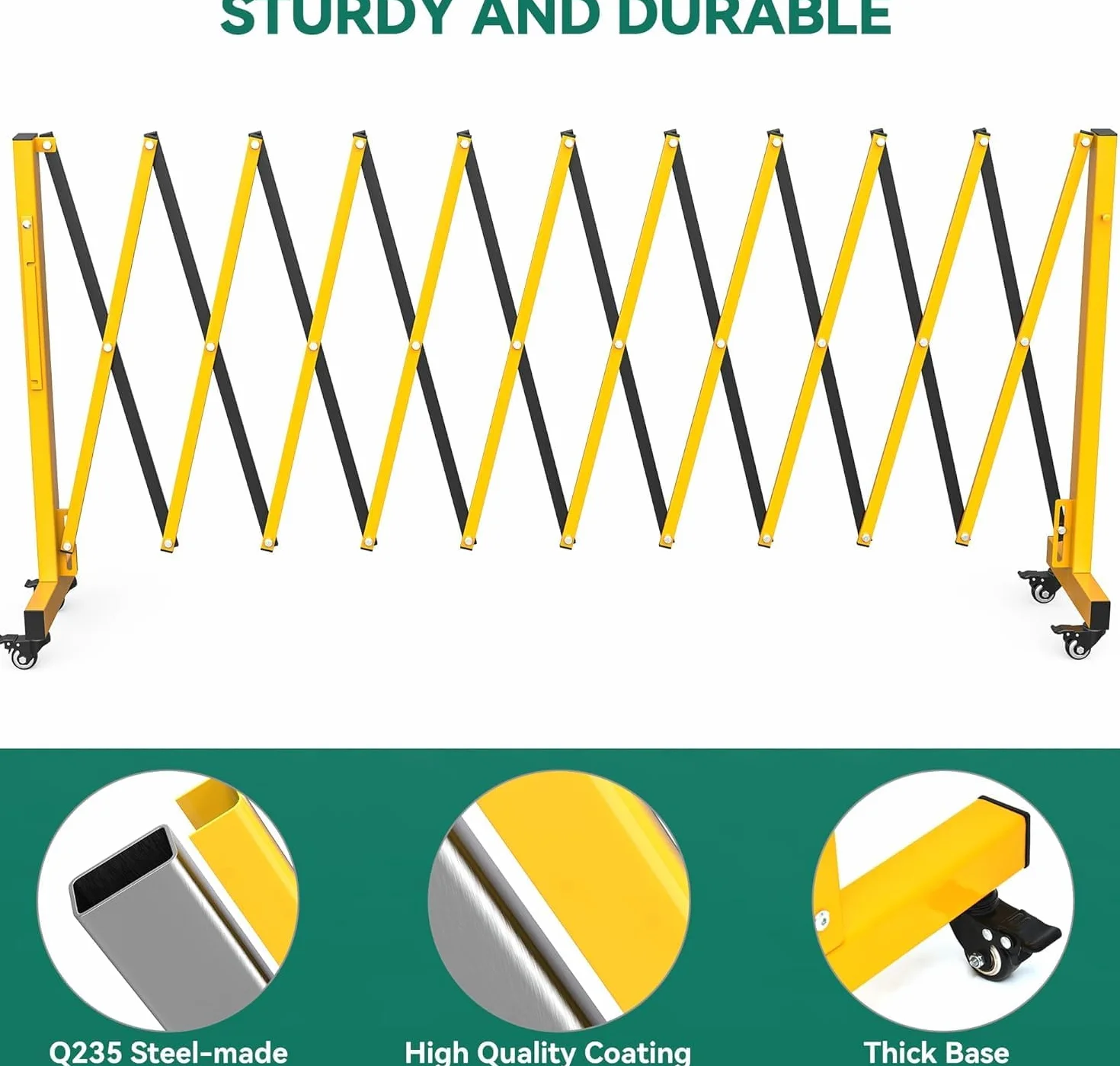 Garvee Barrera de Seguridad Extensible de Acero al Carbono 3,35m x 103cm, Valla Plegable Retráctil con Ruedas para Control de Acceso en Garajes, Industria, Obras y Almacenes, Amarillo