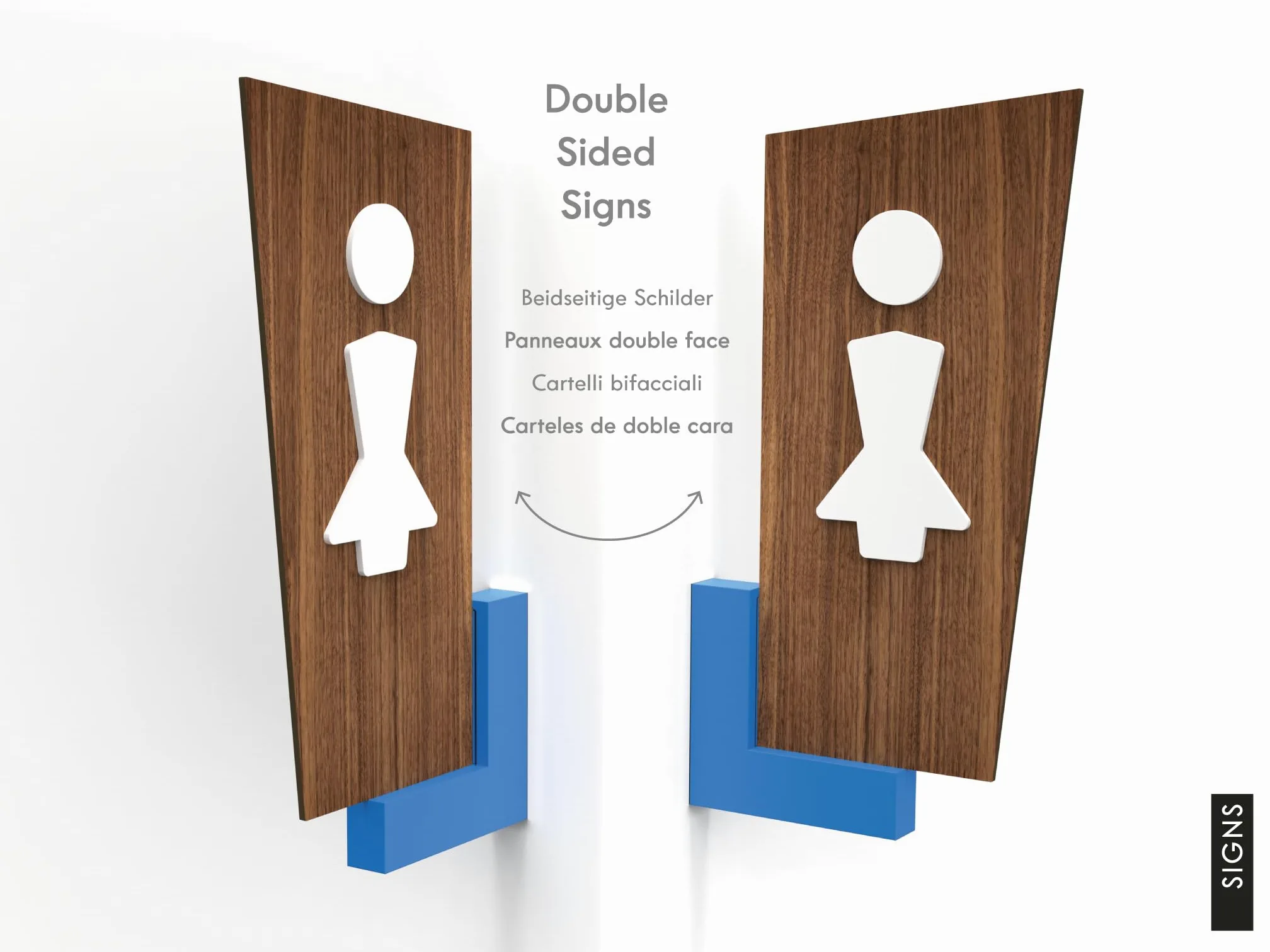 3x Carteles de Baño Personalizables – Pictogramas a Elegir – Señalética WC Hombre Mujer Discapacitados – Letrero de Pared Doble Cara con Soporte de Color y Flecha Direccional