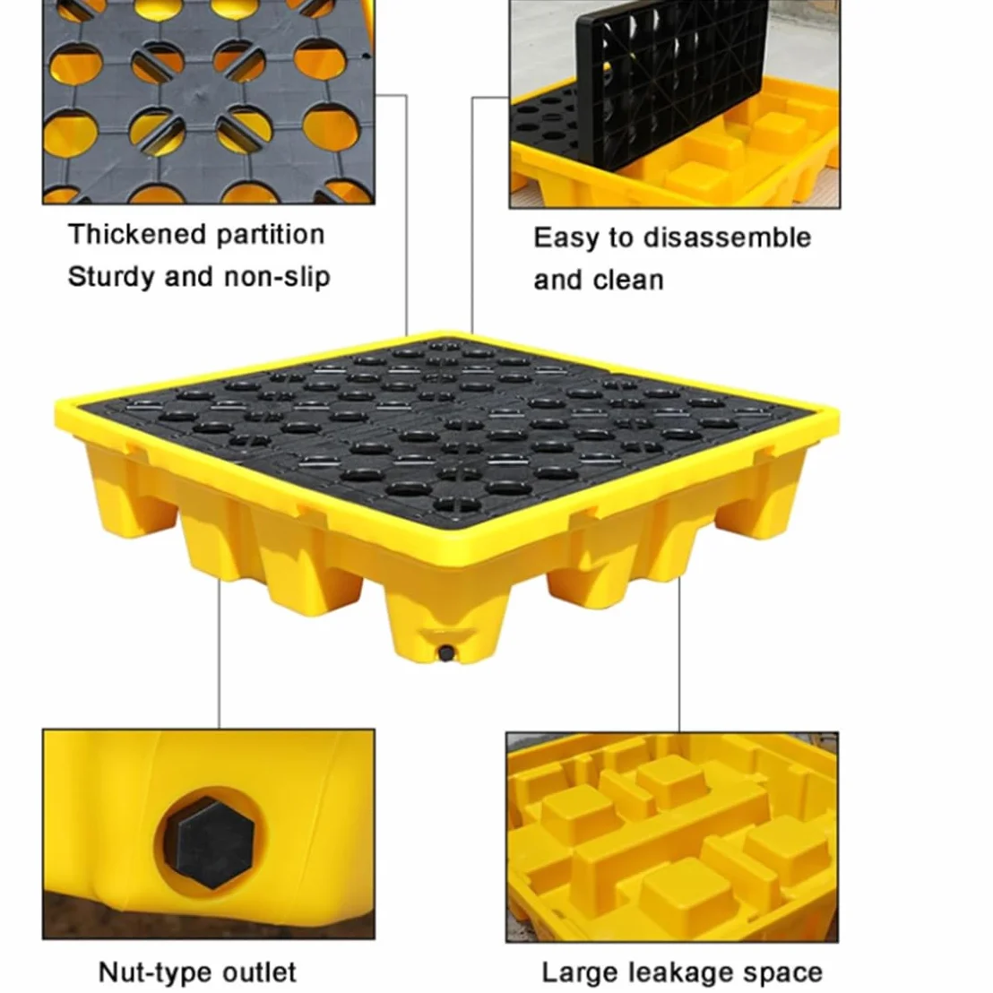 Plataforma antiderrames, plataforma de contención de derrames con salida de drenaje, tarimas antiderrames modulares apilables, bandeja modular para cubos de pintura apilables,66x66x15cm