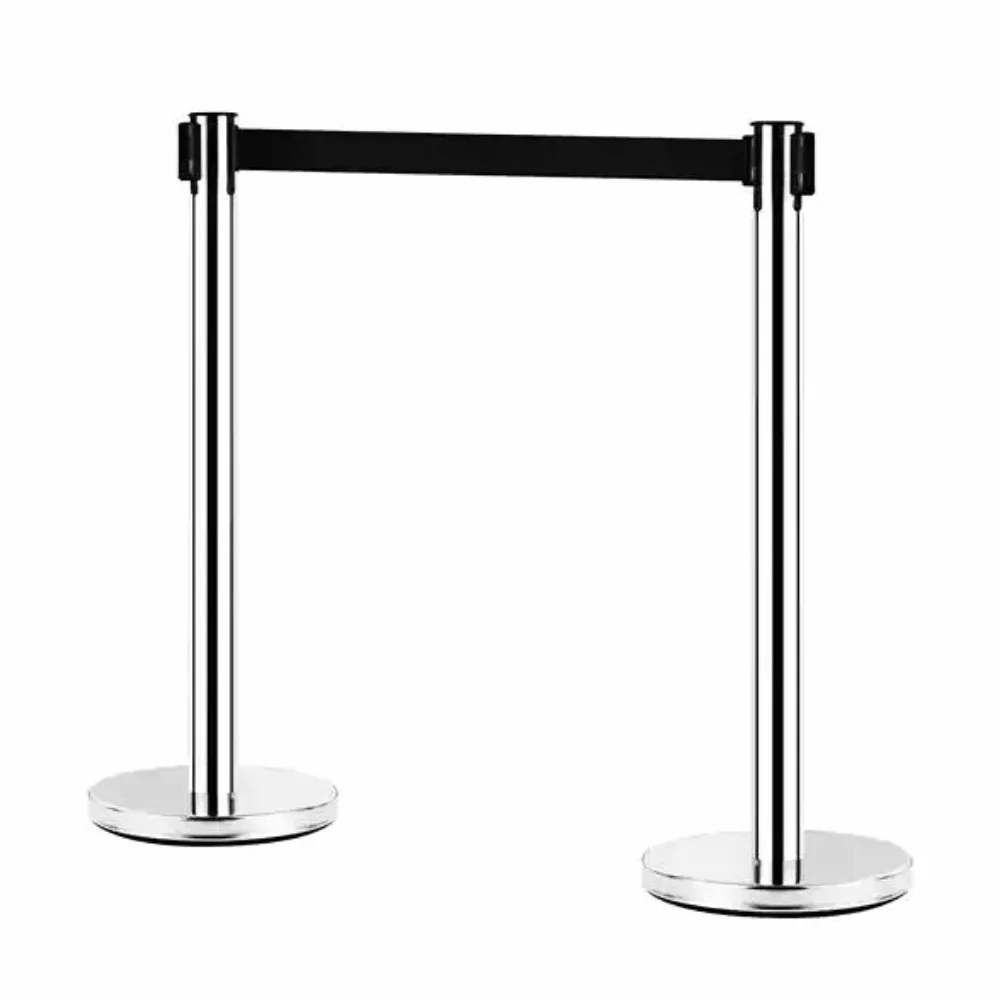 Juego de 2 barreras retráctiles para control de multitudes, barreras de seguridad, postes de seguridad, acabado plateado con cinturón de 2 m, base sólida estable para museo, cine, etc