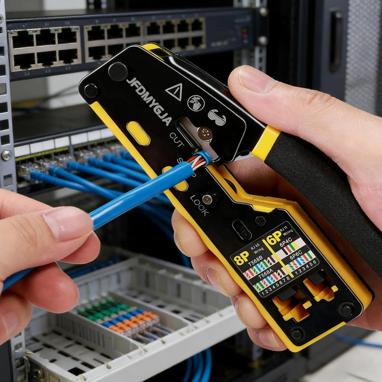 Kit de herramientas de crimpado RJ45, crimpadora Ethernet Cat6 Cat5e Cat5 | Herramienta de crimpado Ethernet con probador de cables de red, conectores de paso RJ45, pelacables