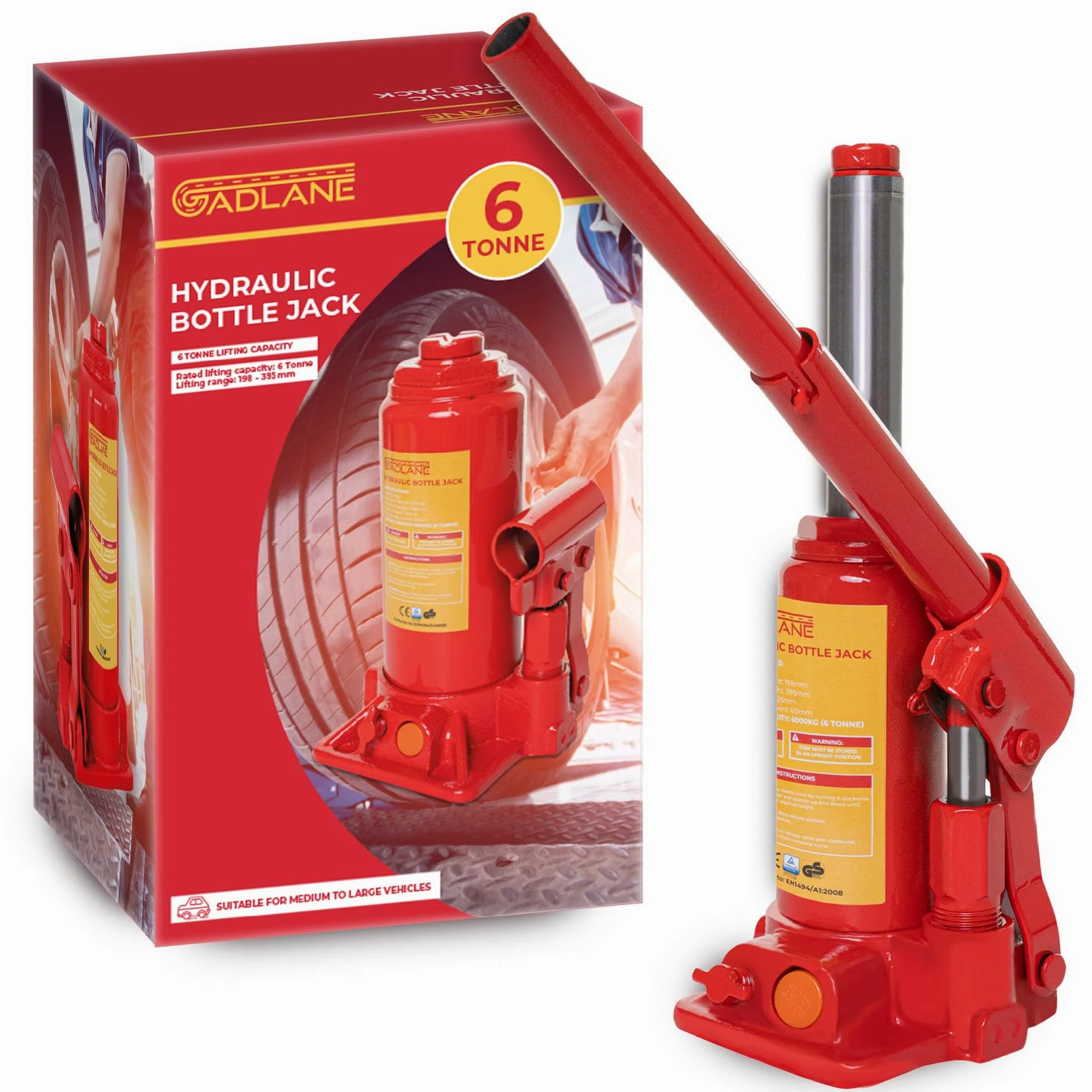 GADLANE Gato hidráulico para Botella de 6 toneladas, Acero aleado Resistente, válvula de sobrecarga de Seguridad, Mango de Ajuste rápido, para Coches Grandes, Furgonetas, autocaravanas