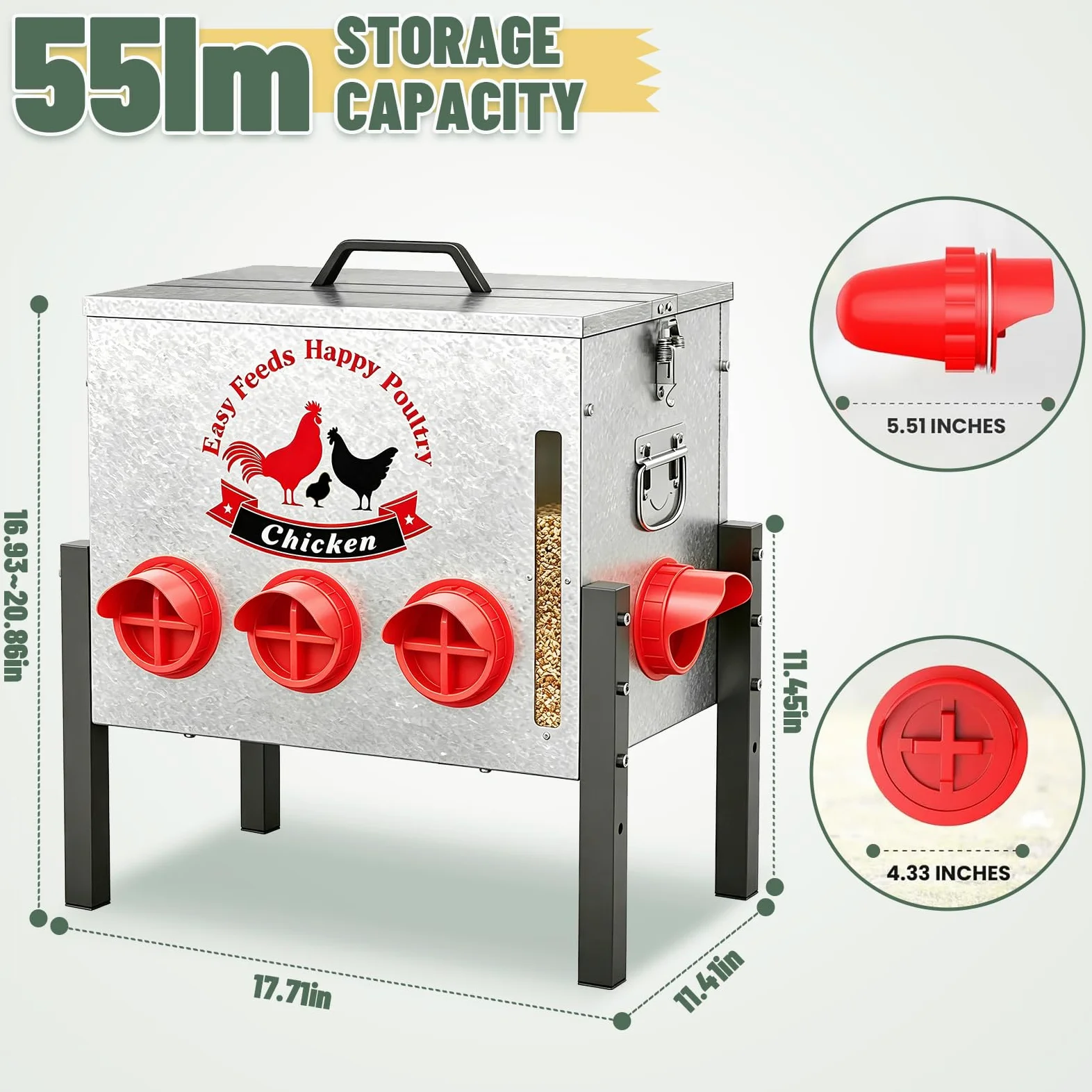 Comedero automático para gallinas de 25 kg con 8 orificios de alimentación, ventana, tapa con cierre, altura ajustable, resistente a las ratas, almacenamiento de alimentos para pollos, patos, gansos