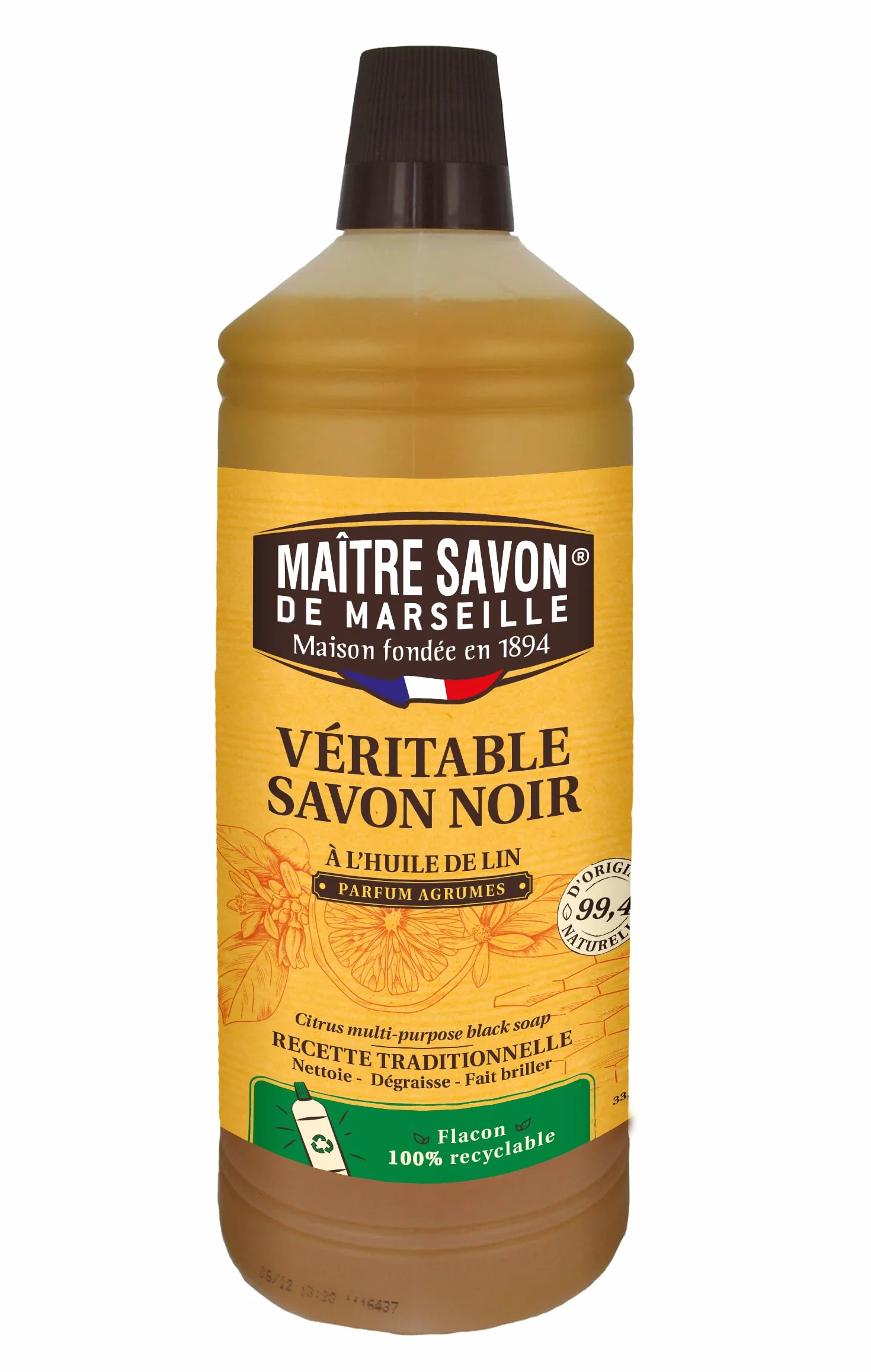 Maître Savon de Marseille Jabón negro aceite de Linaza 1L aroma Cítricos