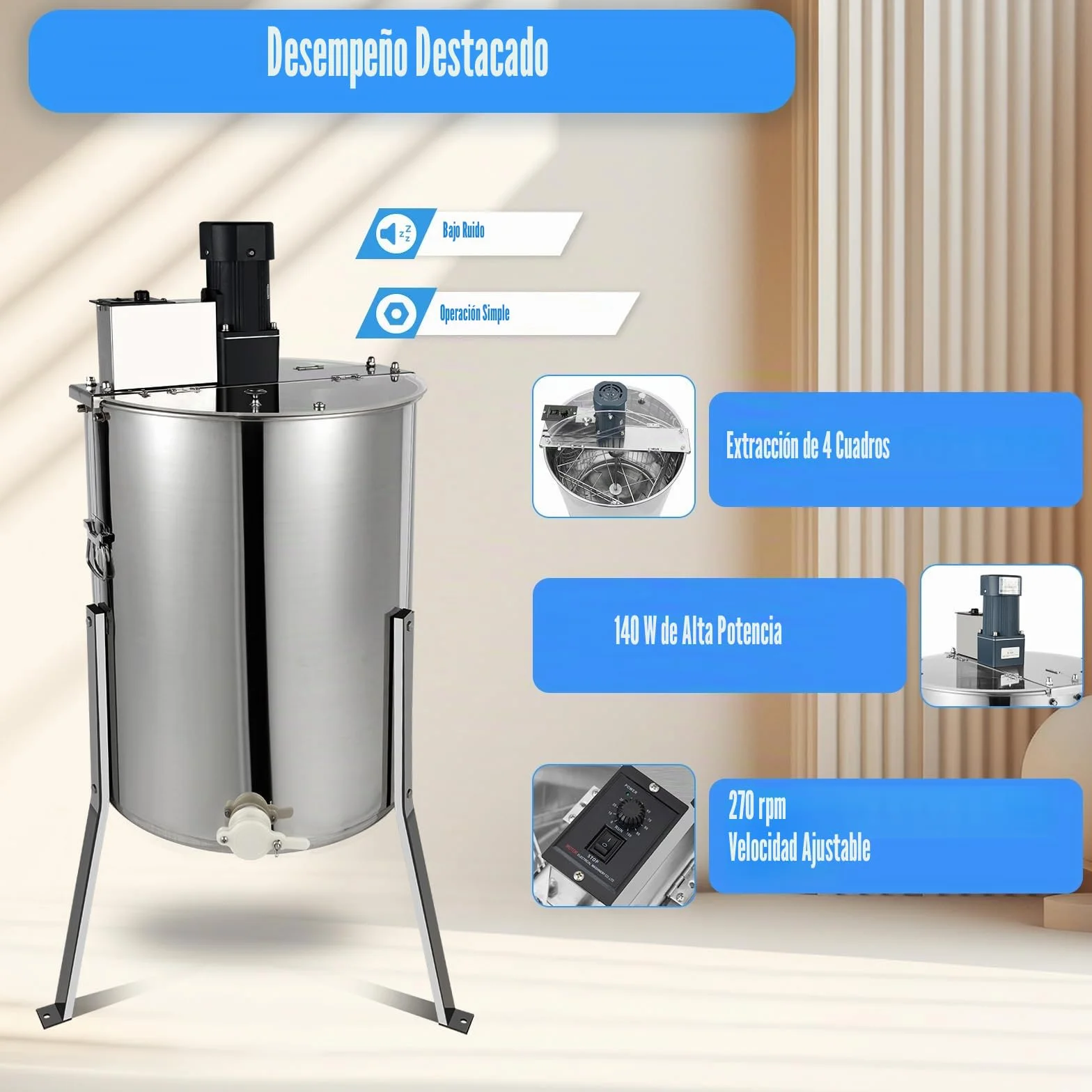 Extractor de miel eléctrico con cubierta de cristal de 4 marcos, panal de miel de acero inoxidable, velocidad ajustable, extractor de miel profesional, para apicultores aficionados, apicultores