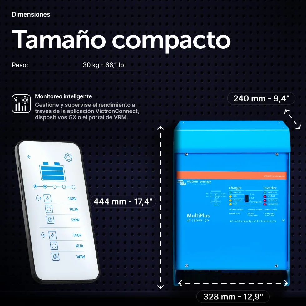 Victron Energy MultiPlus 5000VA 48-Voltios 230V Inversor de Onda sinusoidal Pura 70 amperios Cargador de batería