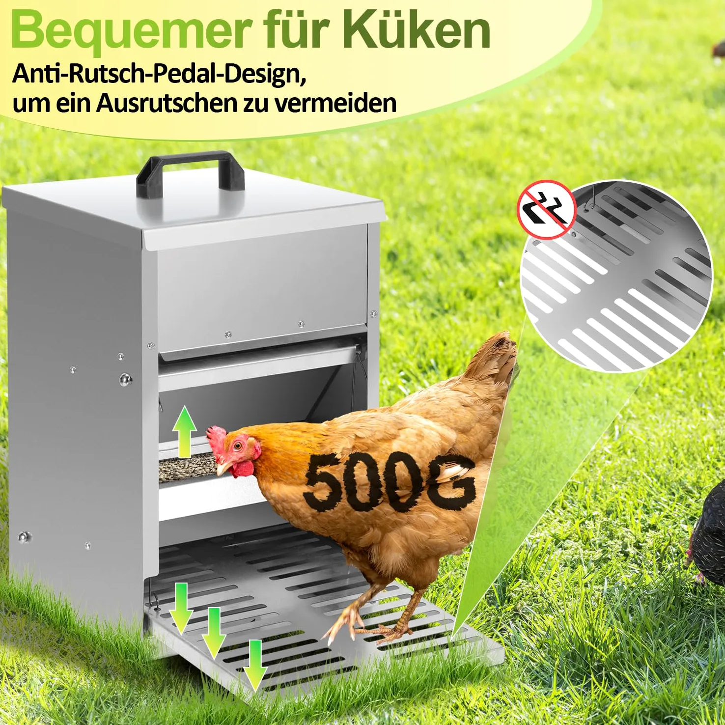 Comedero automático para gallinas, 5 kg, con pedal automático, alimento para pollos para aves de corral, accesorio ideal para pollos, resistente al agua y a prueba de ratas, galvanizado