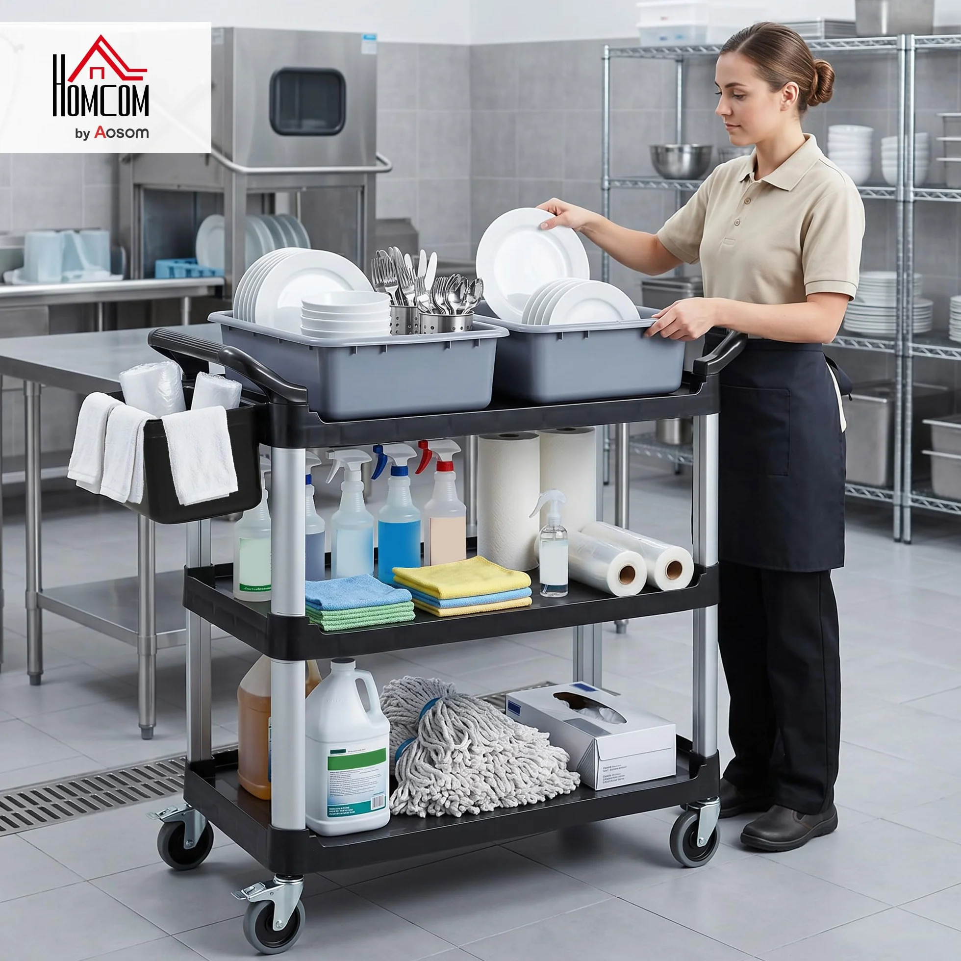 HOMCOM Carro de Limpieza con Ruedas, Carro de Servicio con 3 Estantes, 2 Contenedores y Cubo Lateral Colgante, Estructura de Aluminio, Carga 100 kg, 115x50x100 cm, Negro