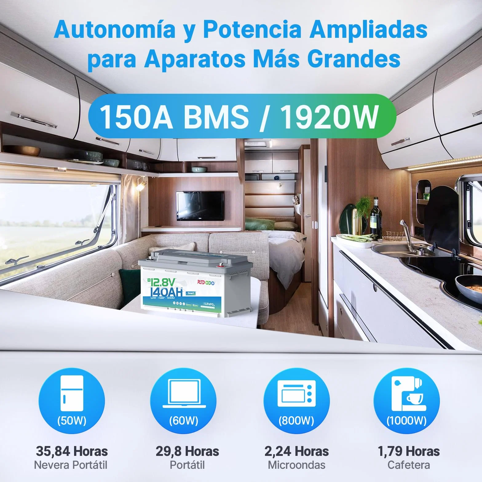 Batería Litio Redodo 12V 140Ah H190 LiFePO4 BMS 150A Bluetooth 1792Wh 15000 Ciclos Protección Baja Temperatura