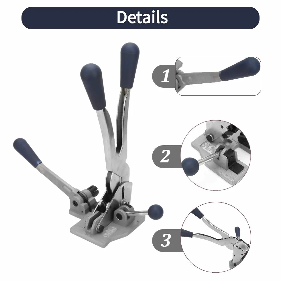 Máquina flejadora de paquetes 3 en 1, engarzadora tensora manual de correa de acero para correa de polipropileno de 1/2 "-5/8" de ancho, para embalaje industrial y doméstico.