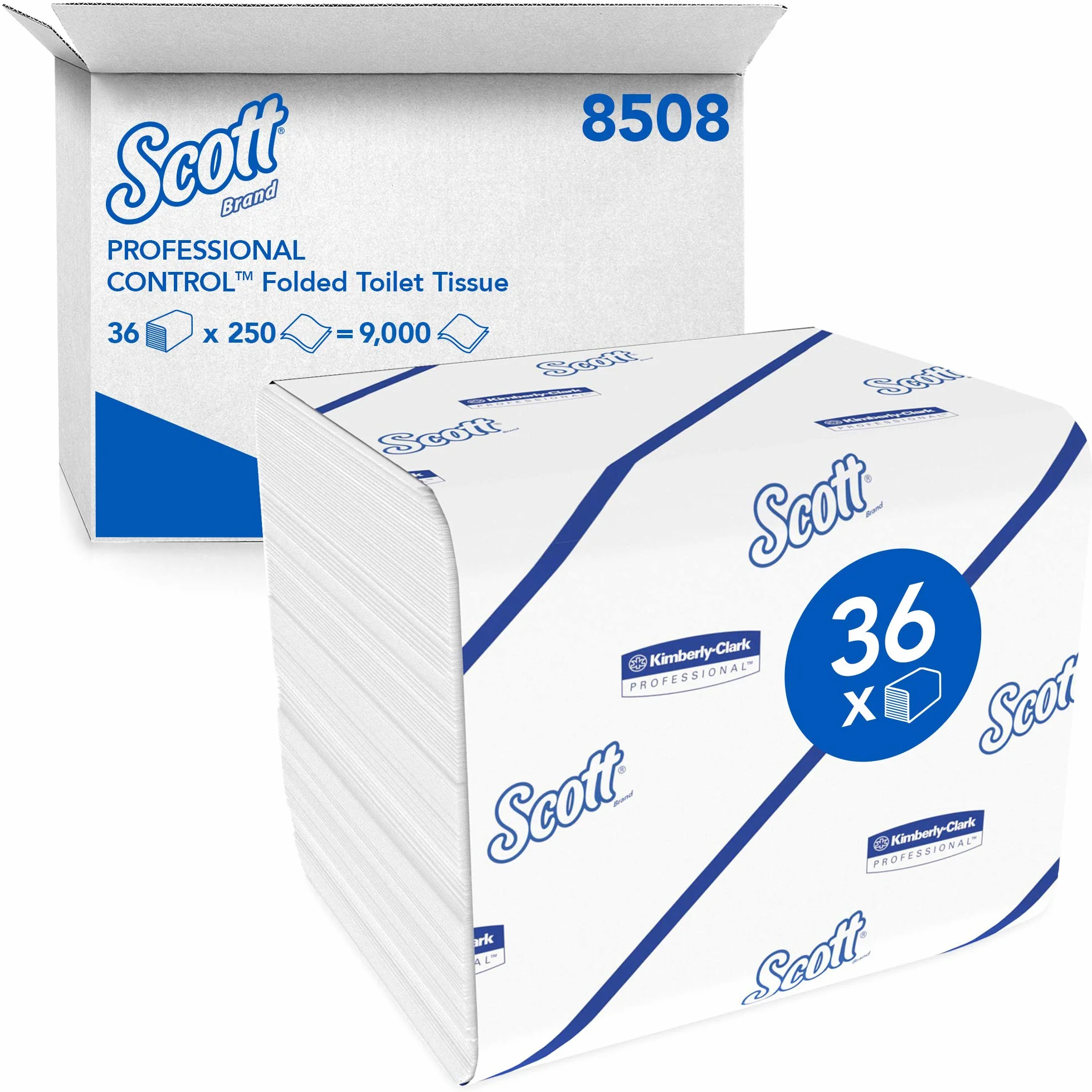 Scott Control Papel Higiénico 8508, Plegado, 2 Capas, Suave y Absorbente, 36 Paquetes x 250 Hojas de Papel Blancas (9.000 total)