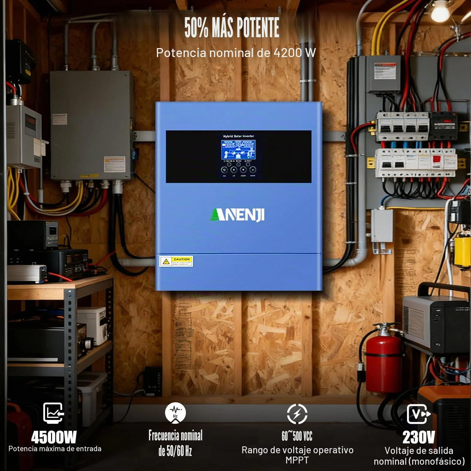 Inversor híbrido de 4200 W, 24 V CC/230 V CA, inversor solar de onda pura 100 A, MPPT + alimentación a la red, tensión de entrada máxima de PV de 500 V + 4 modos de carga para baterías de litio de 24