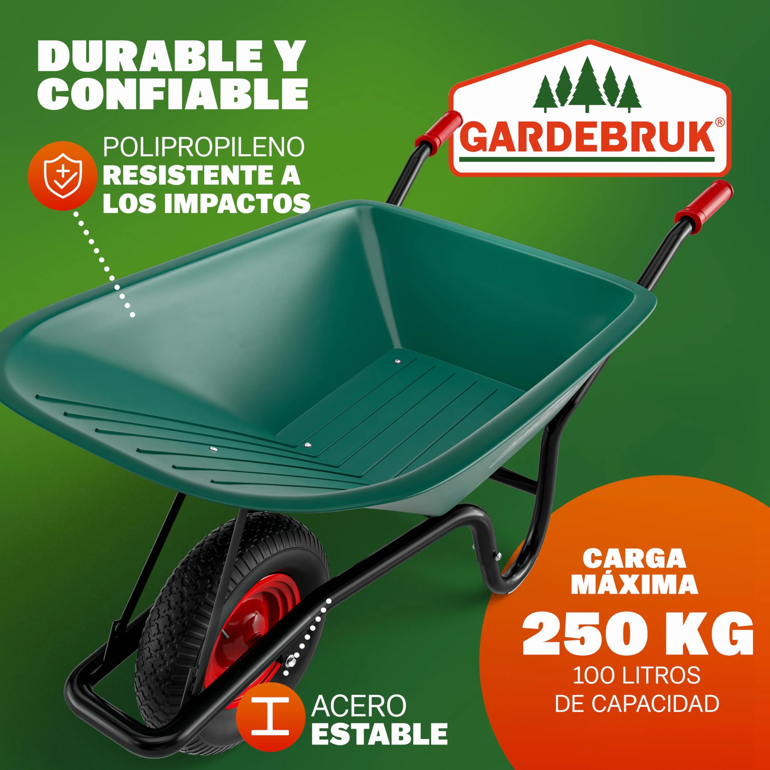 GARDEBRUK® Carretilla de Jardín 100L 250KG Llanta Acero Resistente Todoterreno