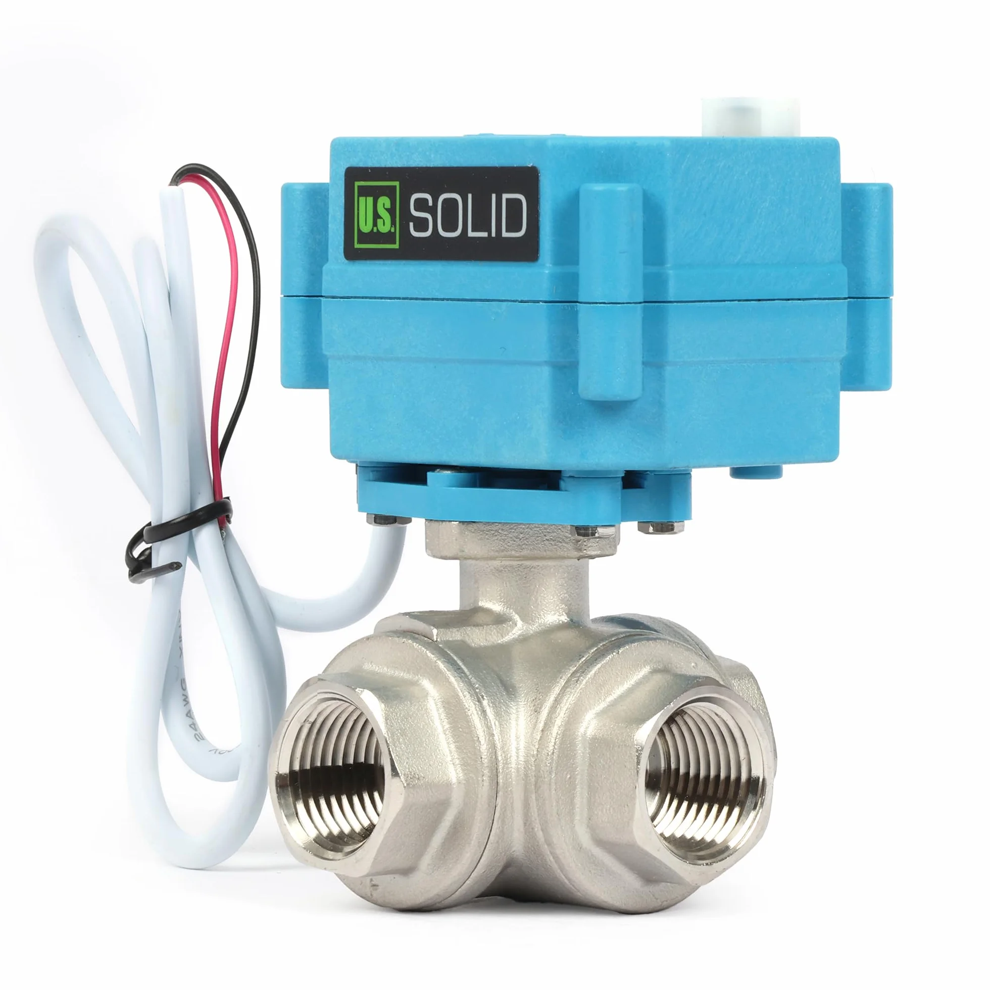U.S. Solid Válvula motorizada 3 vías acero inoxidable: tipo T - eléctrica válvula con función manual, puerto estándar (1/2", AC110-230V)