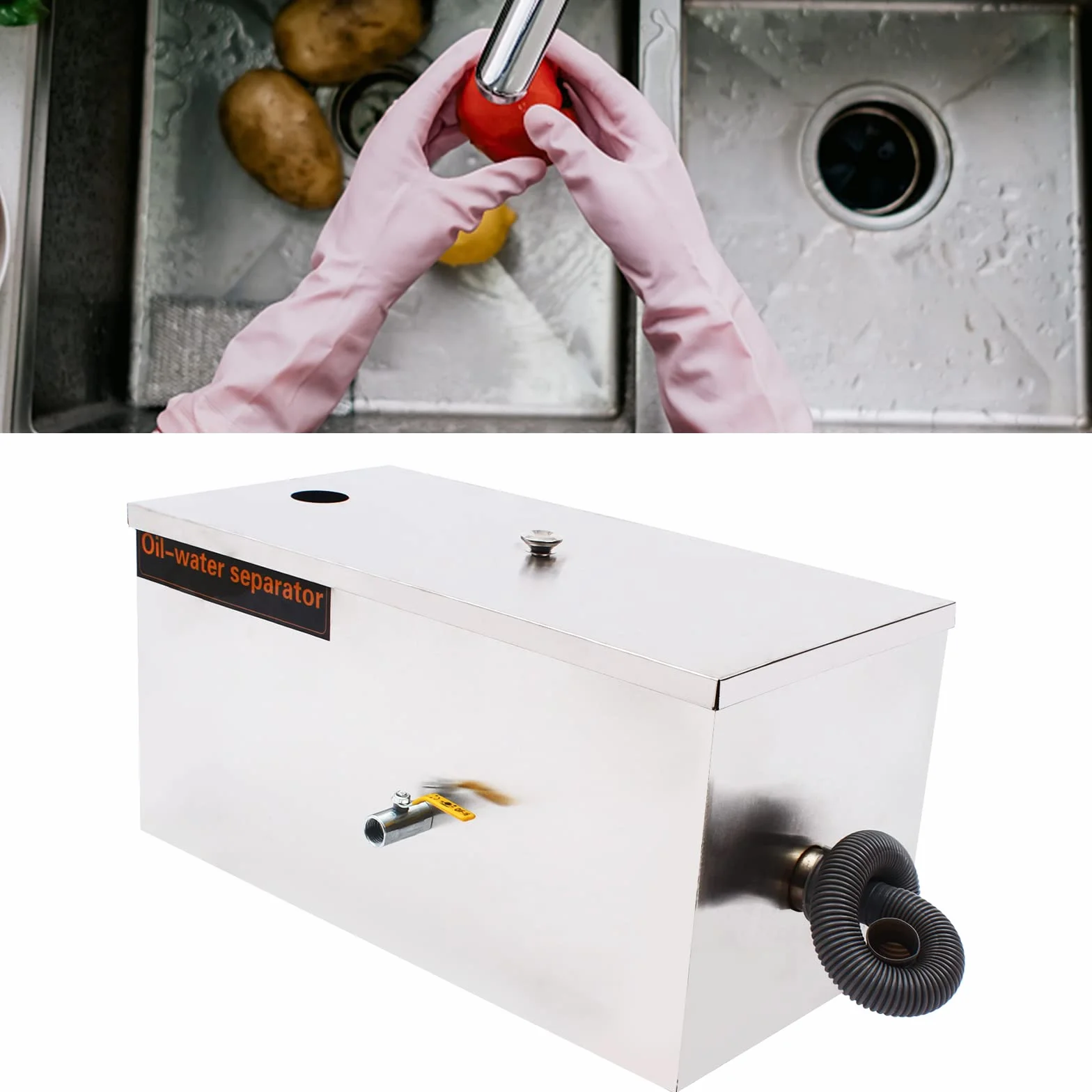 Separador de grasa para aguas residuales, de acero inoxidable, comercial, separador de grasa, filtro de grasa de cocina, con cesta de filtro y válvula de drenaje de aceite, 0,8 m3/h, 60x30x30cm