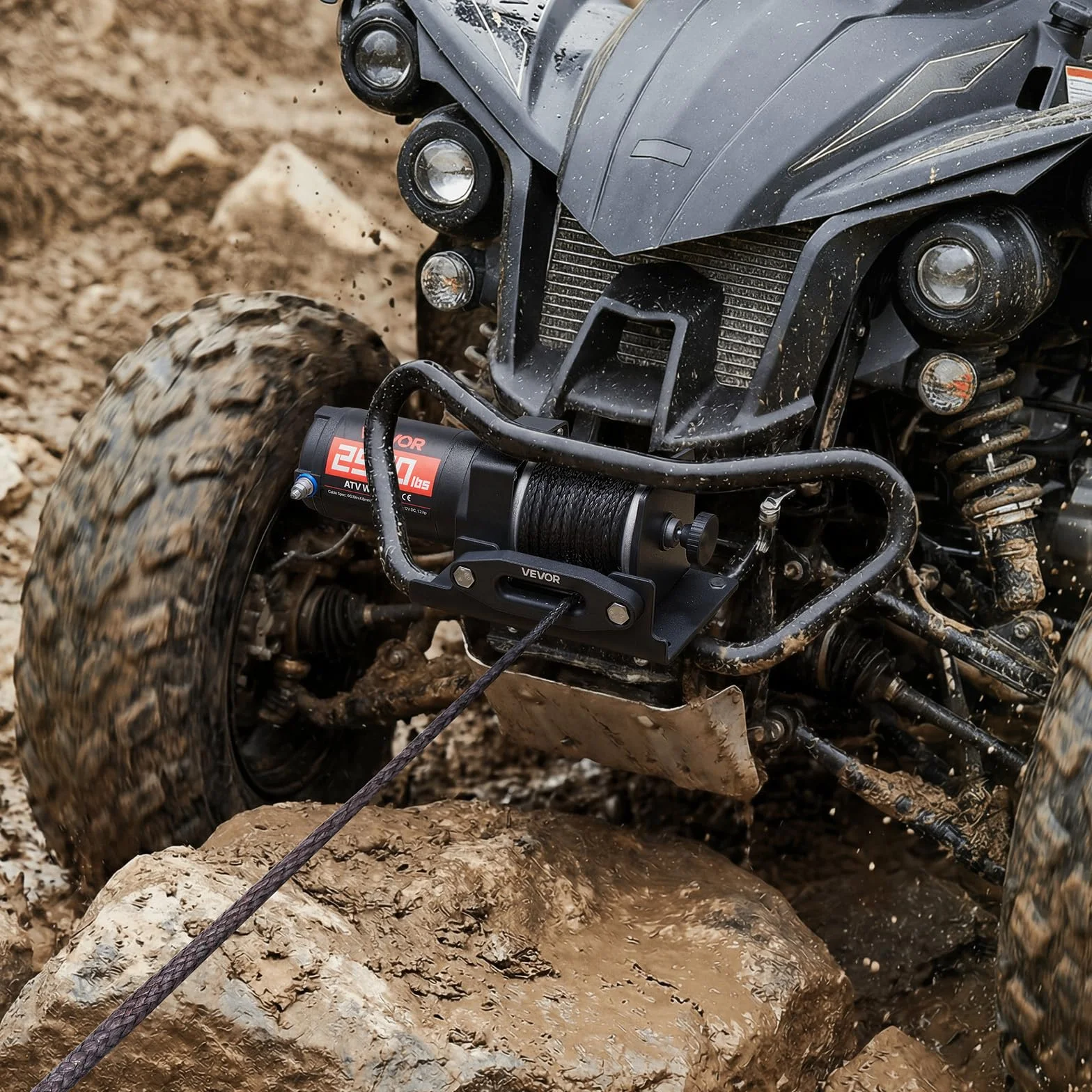 VEVOR Cabrestante Eléctrico 12V 1134 kg para ATV con Cuerda Sintética de 4,8 mm x 12 m, Motor 0,9 kW, Control Remoto con Cable, Soporte de Montaje, Guía de Cable y Gancho para Todoterreno Exteriores