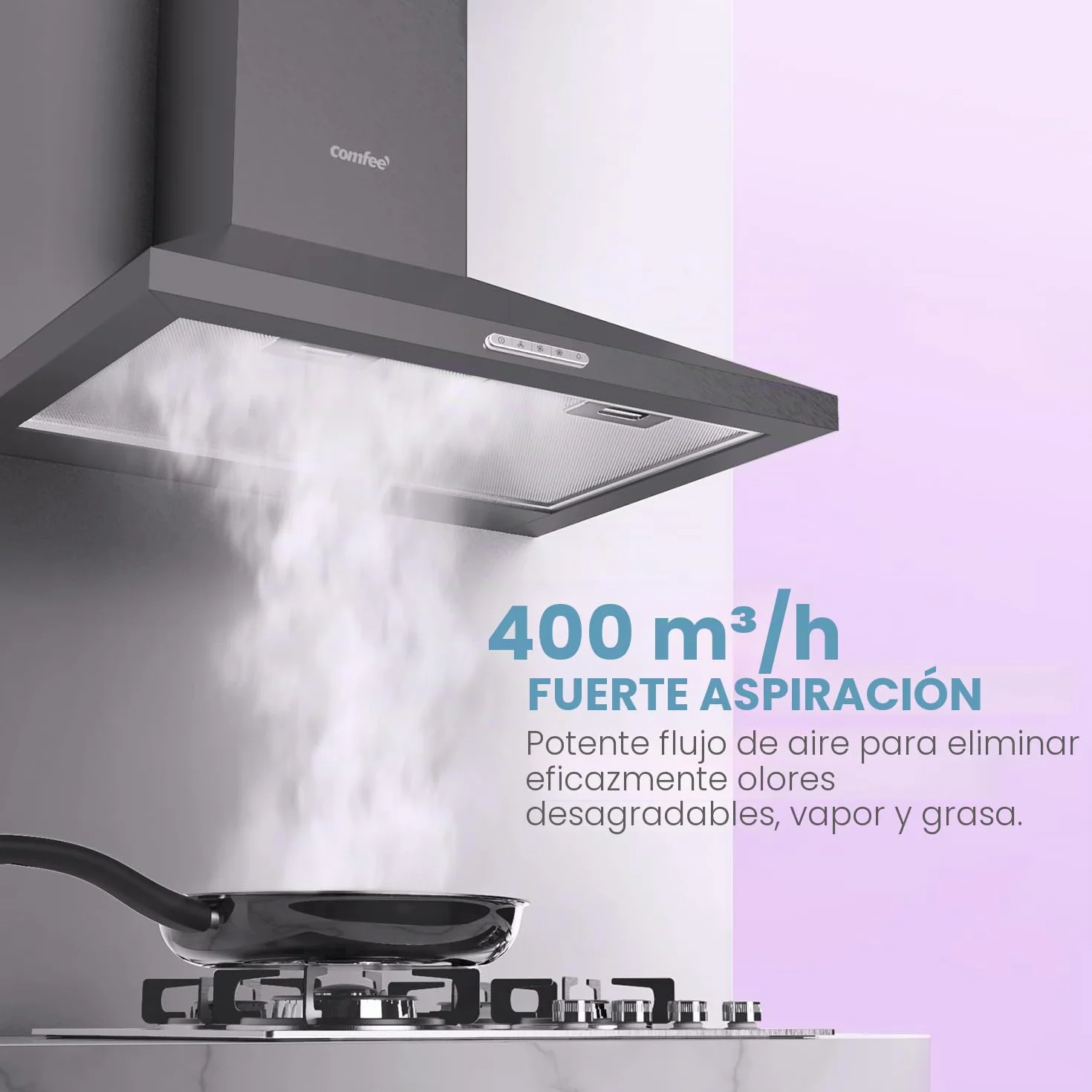 COMFEE' PYRA17B-60 Campana extractora 60 cm negra 400 m³/h LED recirculación canalización filtros carbón