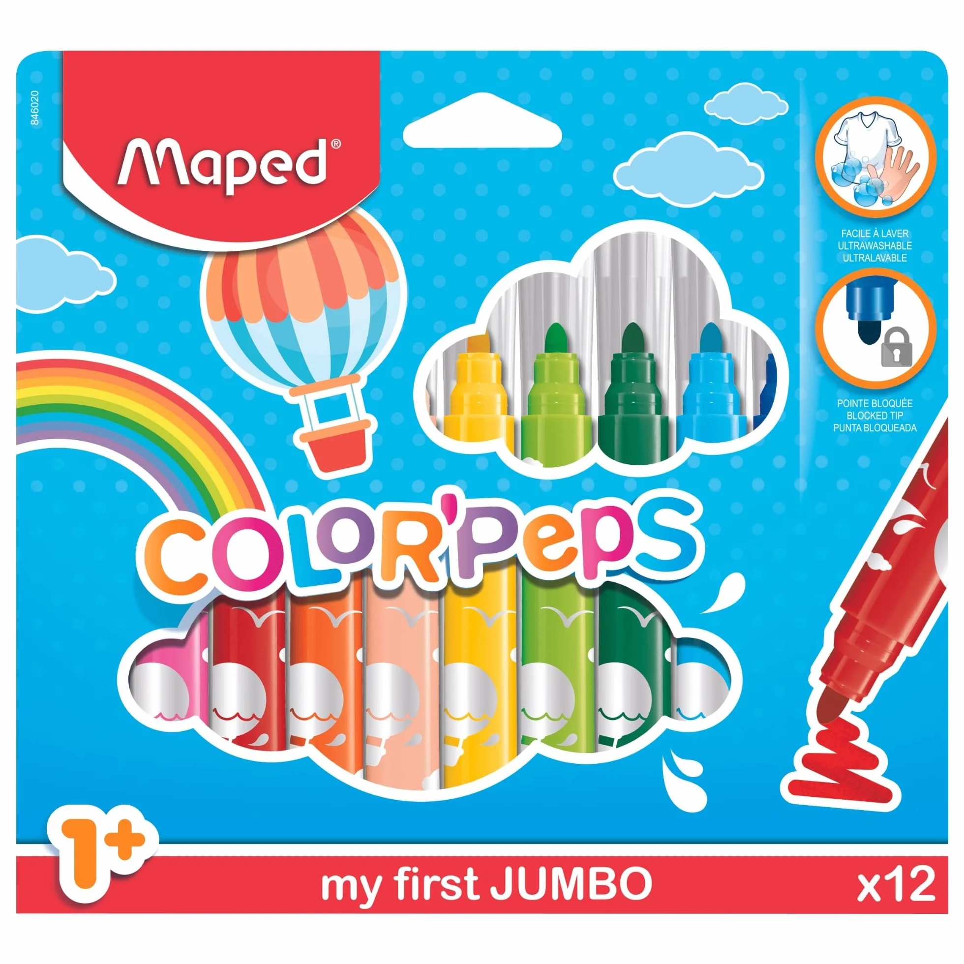 Maped Rotuladores Jumbo para Niños, 12 Colores Vivos, Punta Gruesa, Tinta Ultra Lavable