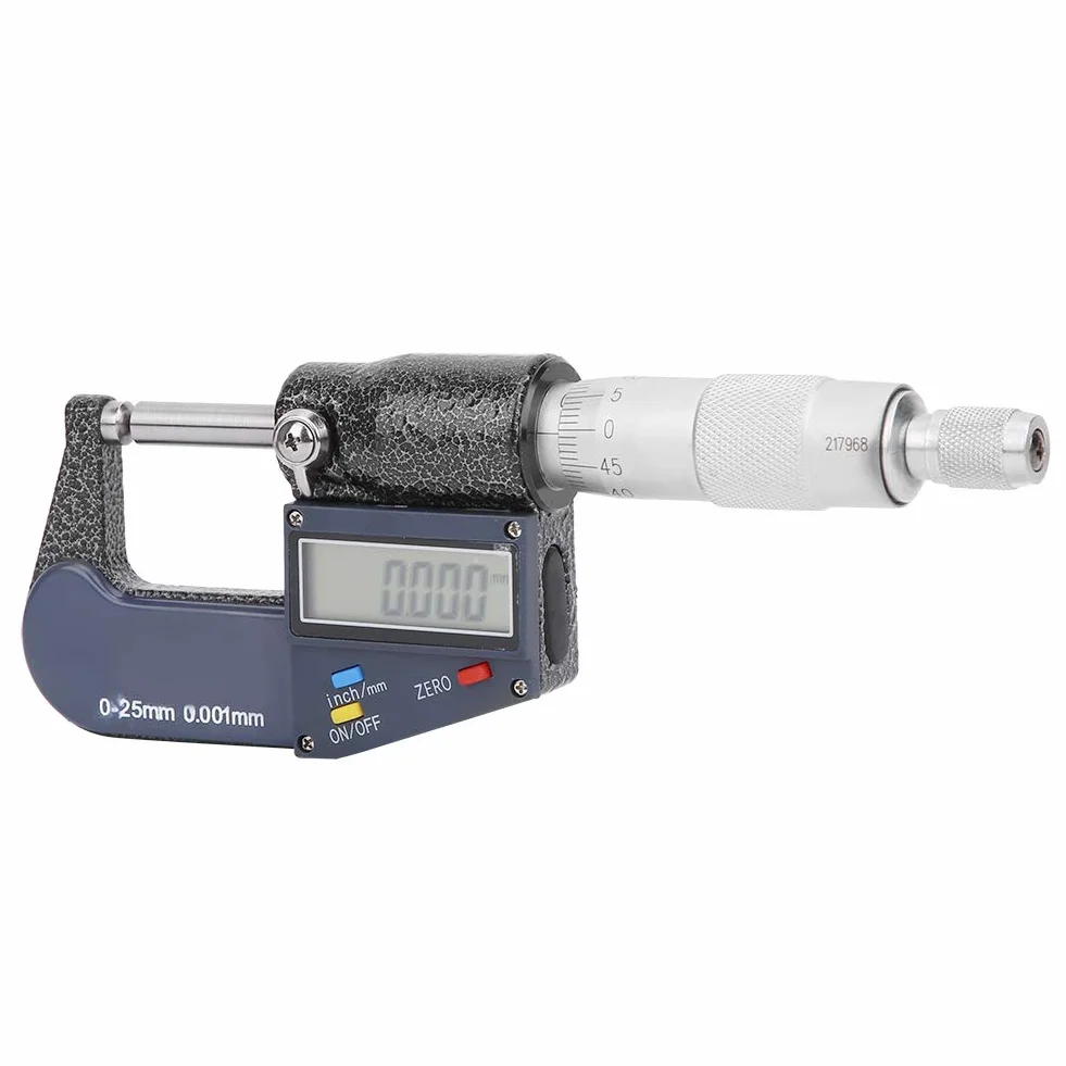 Micrómetro, Micrómetro Doble Cabeza Redonda Digital Acero Inoxidable con Llave, Rango 025mm Resolución Métrica 0.001mm/0.0005in, Micrómetros Exteriores
