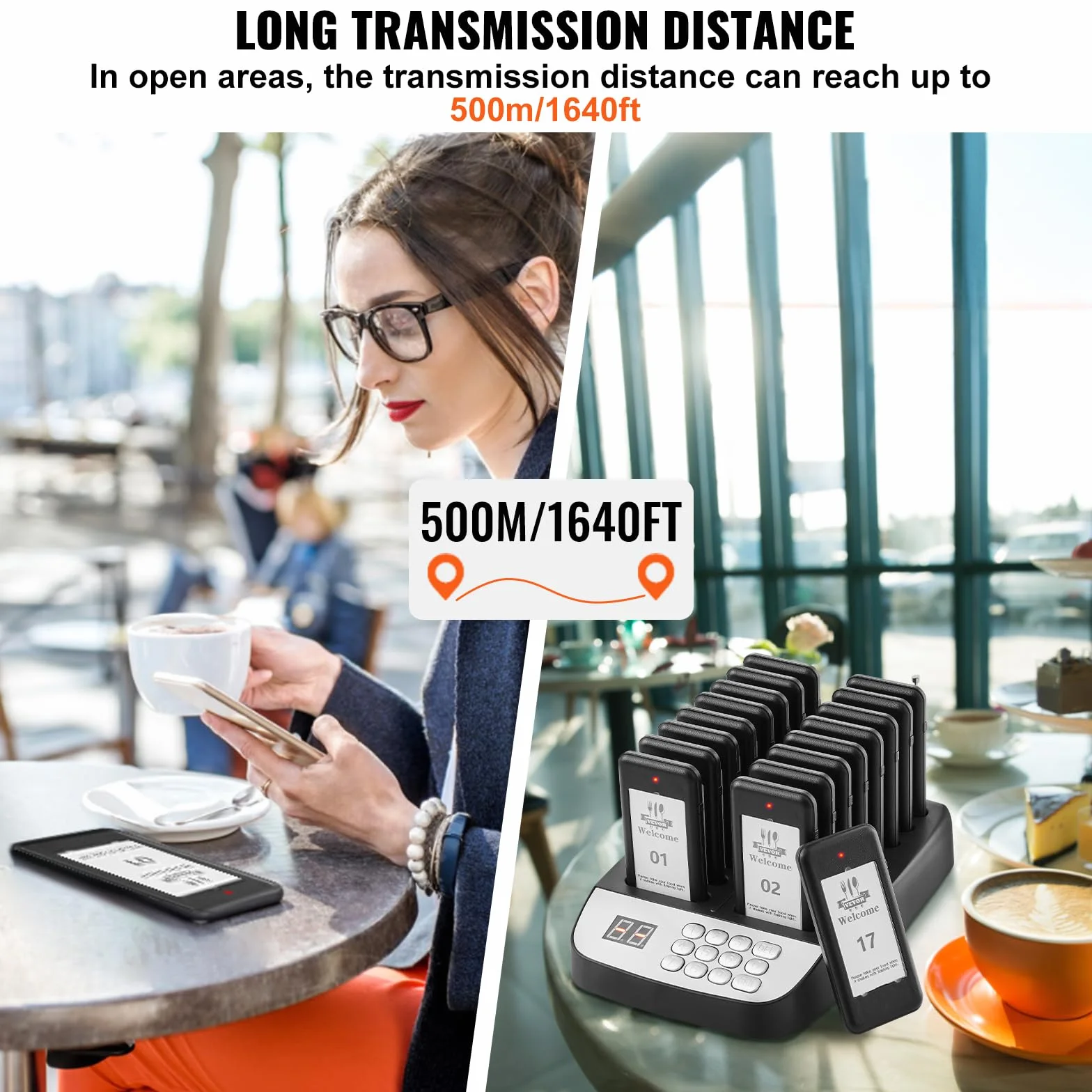 VEVOR Sistema de Buscapersonas para Restaurante Señal de Cola Inalámbrica Alcance de 500 m Zumbador de Llamada de Cliente con Vibración e Intermitente 16 Zumbadores para Restaurante, Cafetería, Tienda