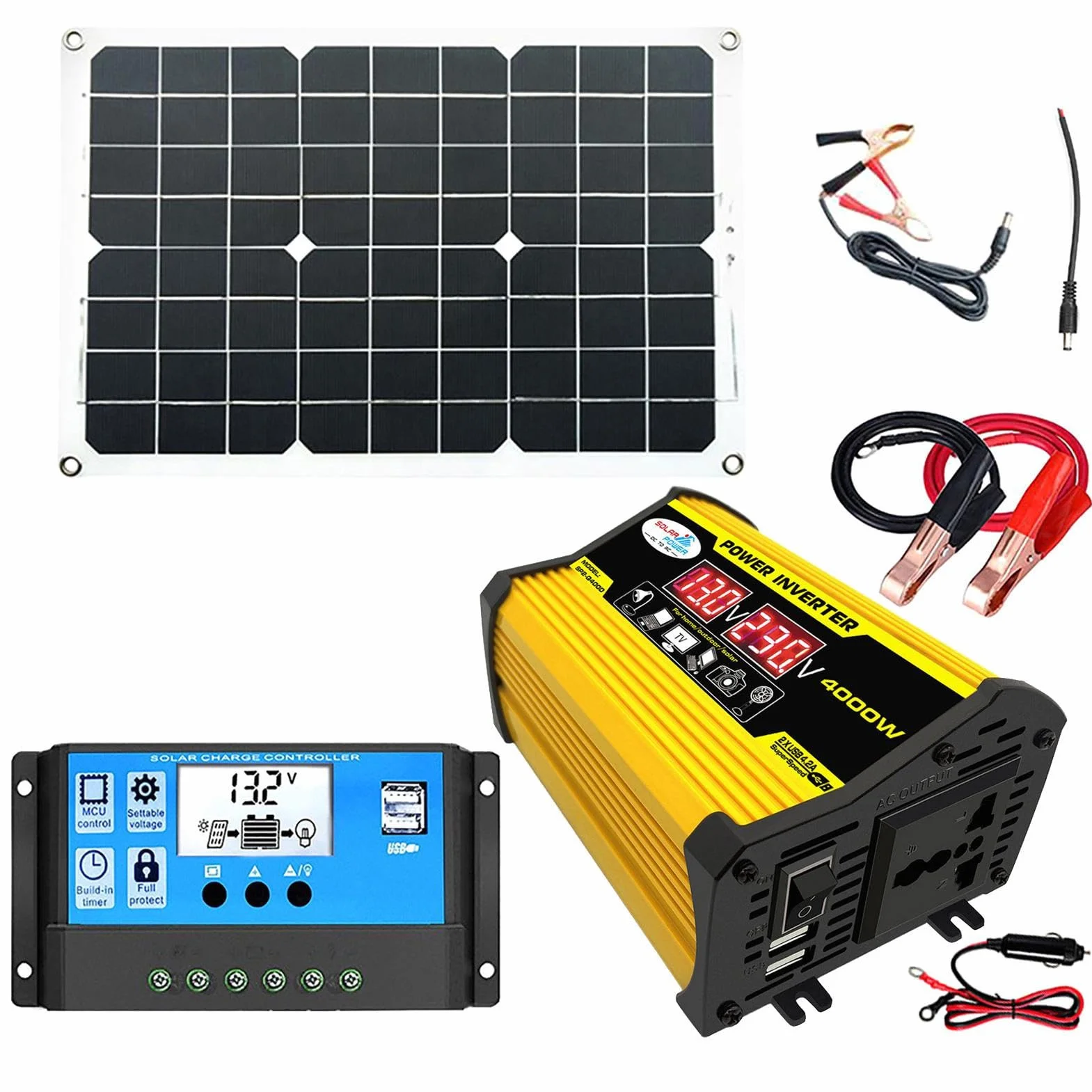 Genérico Kit de Paneles solares con inversor, de energía Solar con inversor de energía y Paneles de energía de 4000W, Panel Solar y Kit de Controlador, Controlador automático de Carga Solar para RV