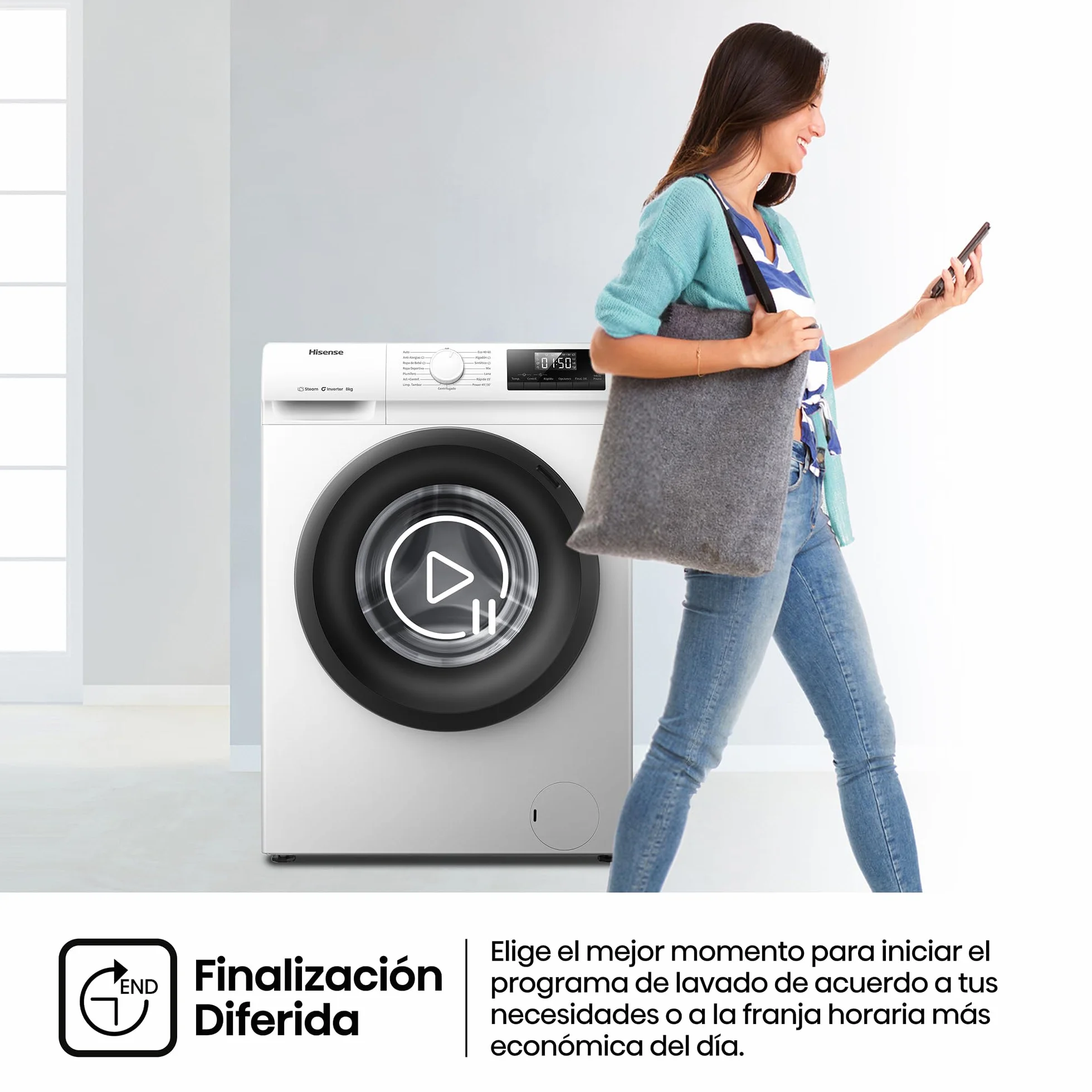 Hisense Lavadora 8 Kg 1400 rpm Clase A 85x60 cm Blanco Vapor 99,9% Inverter