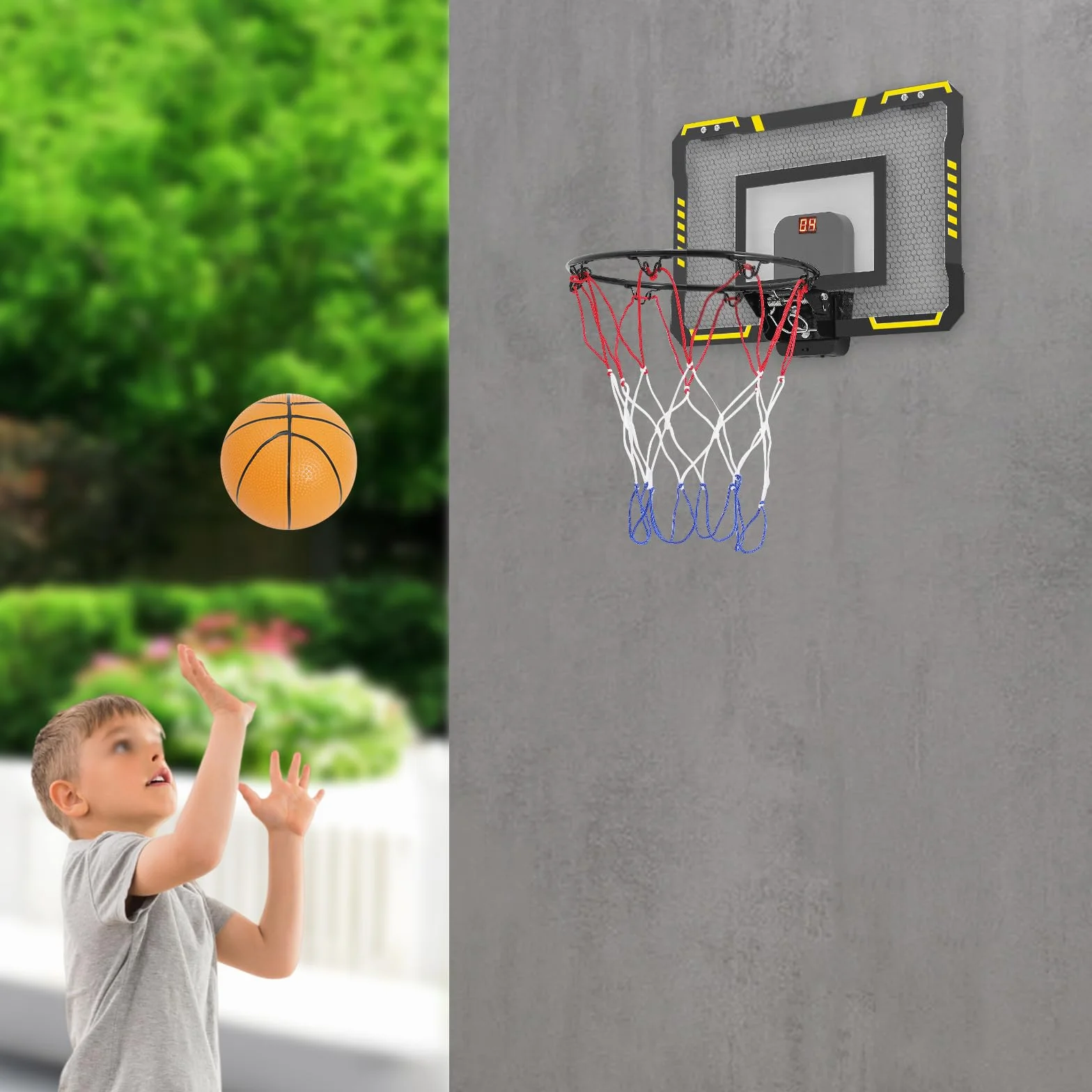Mini canasta de baloncesto interior para niños con indicador, 2 pelotas, bomba, juguete deportivo, negro